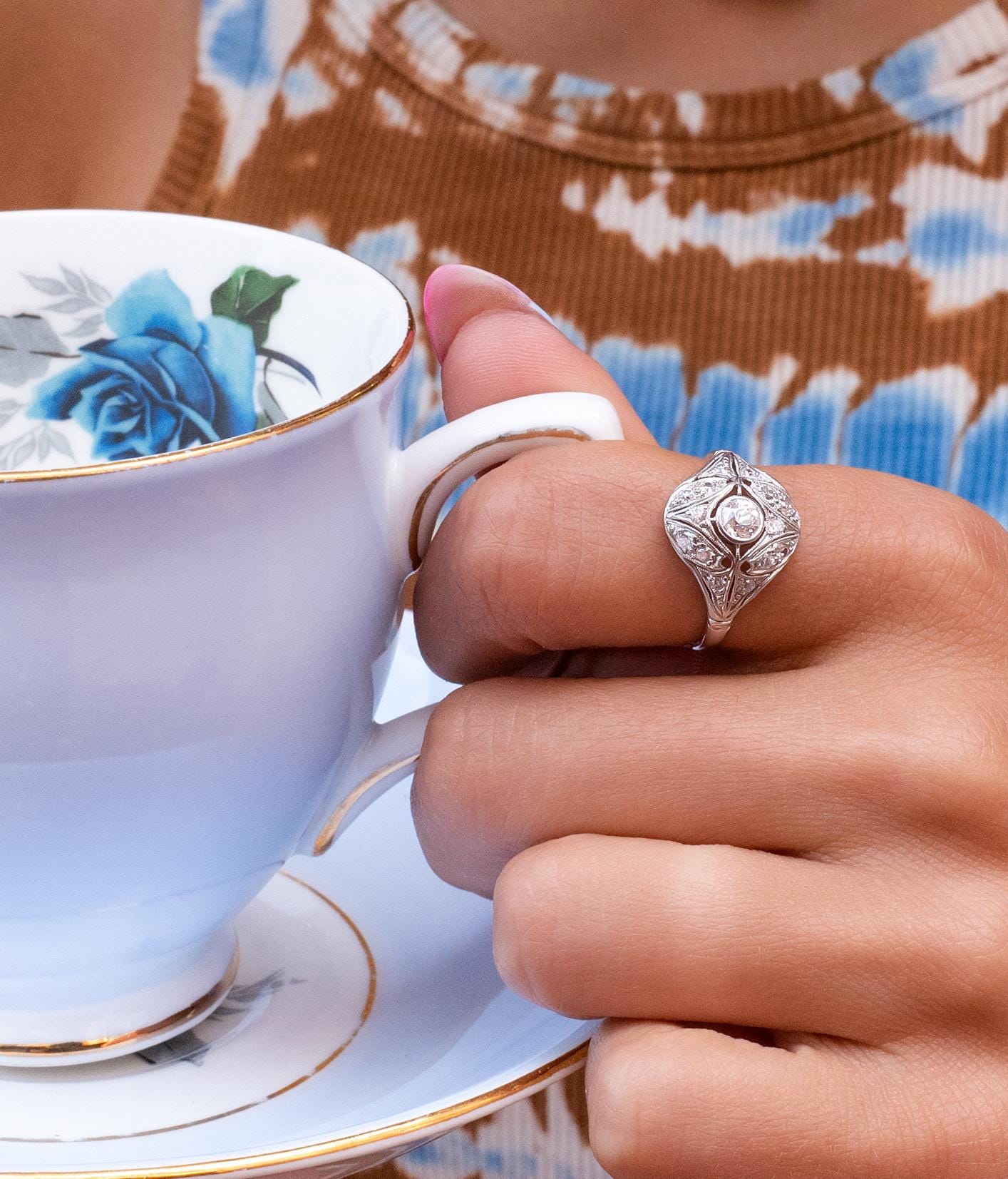 Edwardian Old European Cut Domed Filigree Ring in Platinum