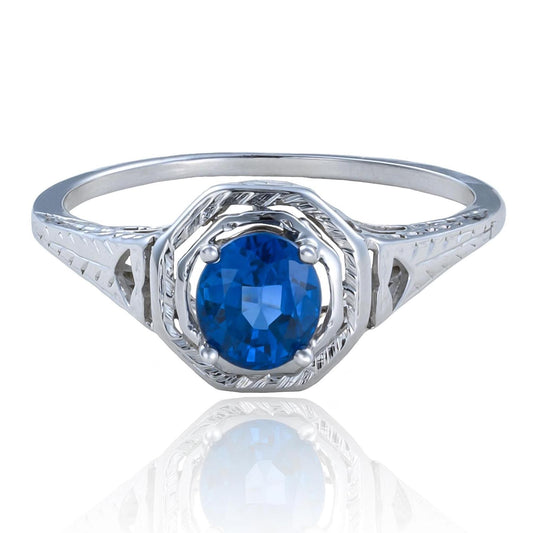 Art Deco Sapphire Filigree Ring in 20K White Gold