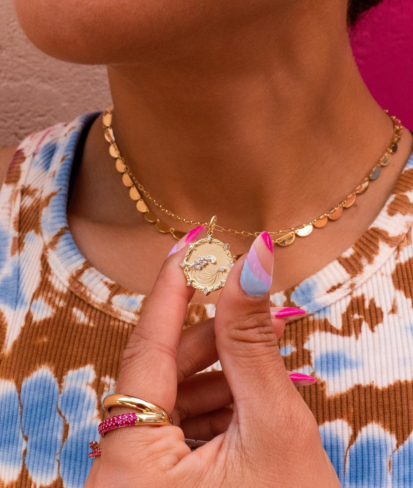 Diamond Ocean Wave Medallion Pendant Necklace in 14K Yellow Gold