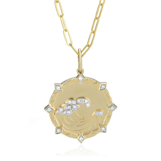 Diamond Ocean Wave Medallion Pendant Necklace in 14K Yellow Gold