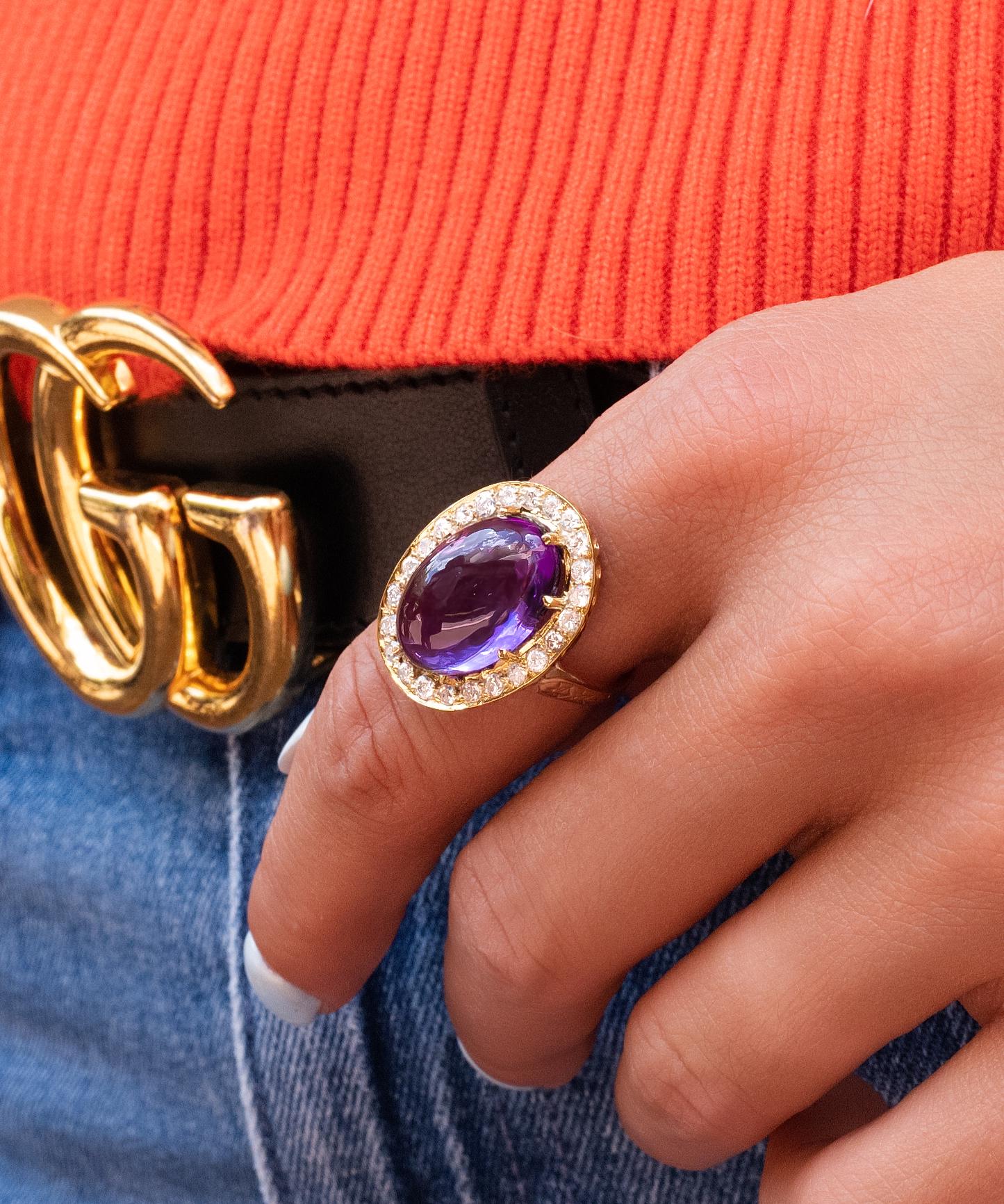Edwardian Amethyst Cabochon Diamond Halo Statement Ring in 14K Yellow Gold