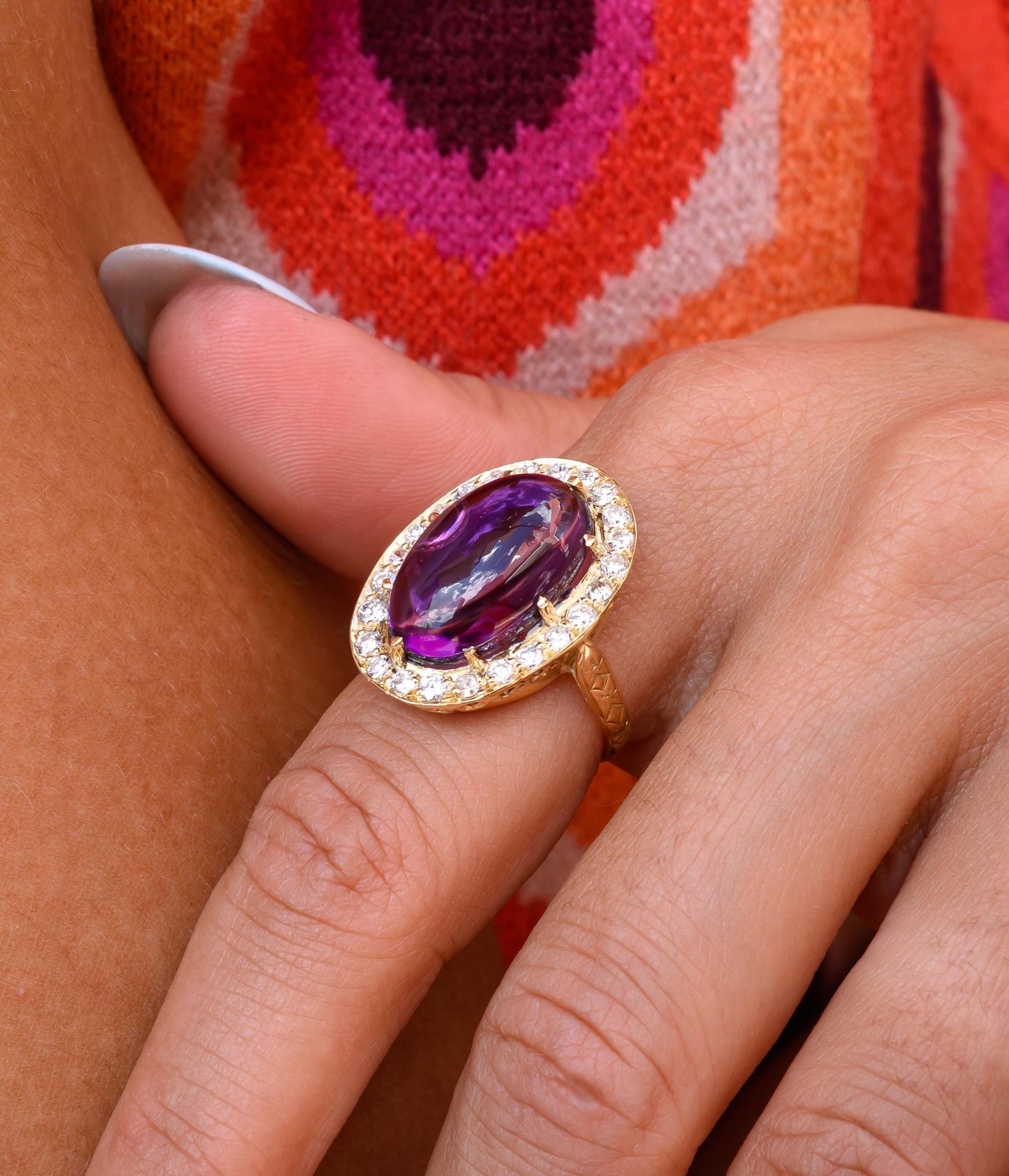 Edwardian Amethyst Cabochon Diamond Halo Statement Ring in 14K Yellow Gold