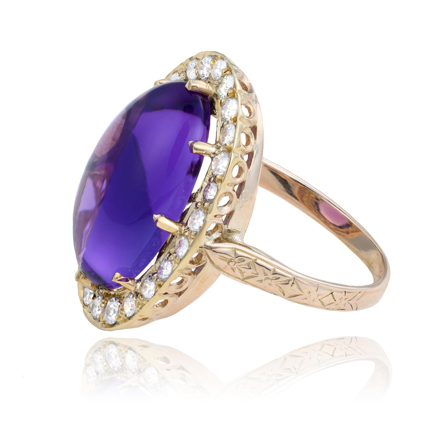 Edwardian Amethyst Cabochon Diamond Halo Statement Ring in 14K Yellow Gold