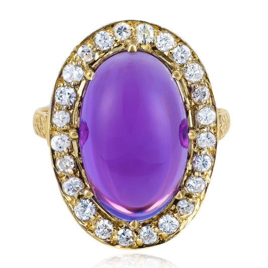 Edwardian Amethyst Cabochon Diamond Halo Statement Ring in 14K Yellow Gold