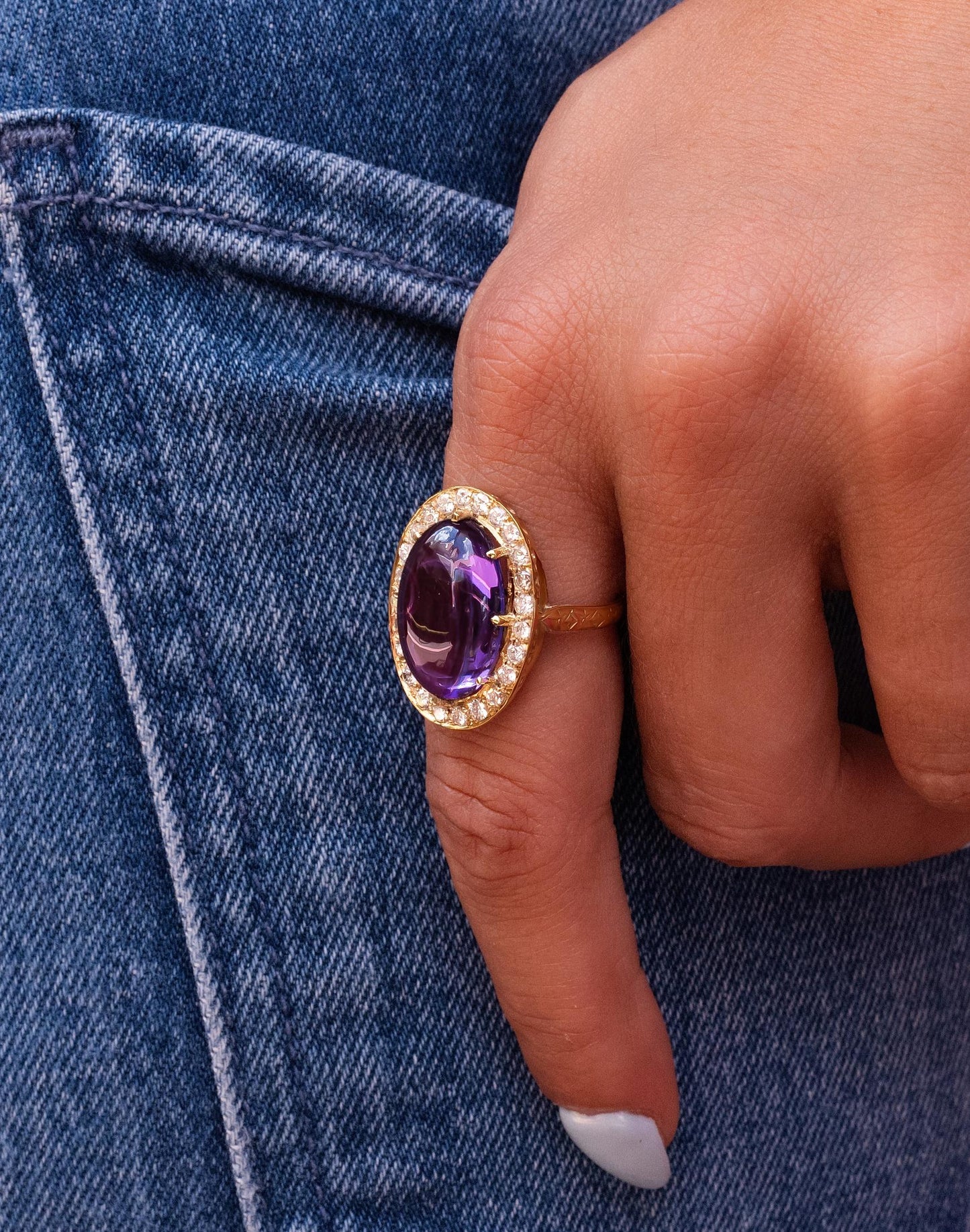 Edwardian Amethyst Cabochon Diamond Halo Statement Ring in 14K Yellow Gold