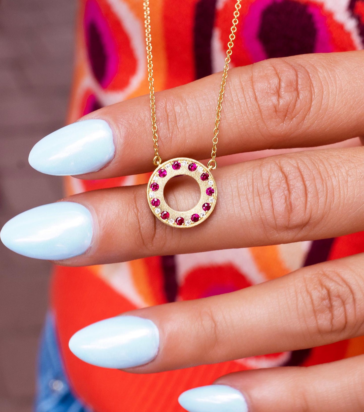 Ruby & Diamond Donut Necklace in 14K Yellow Gold