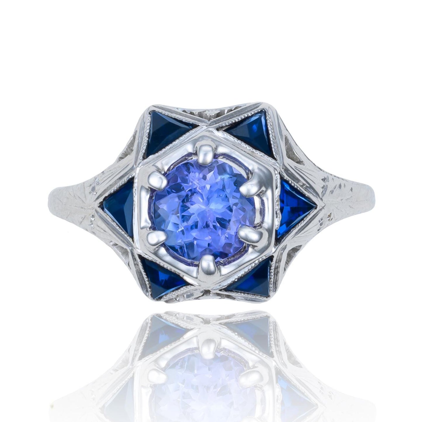 Art Deco Tanzanite & Sapphire Starburst Ring in 18K White Gold