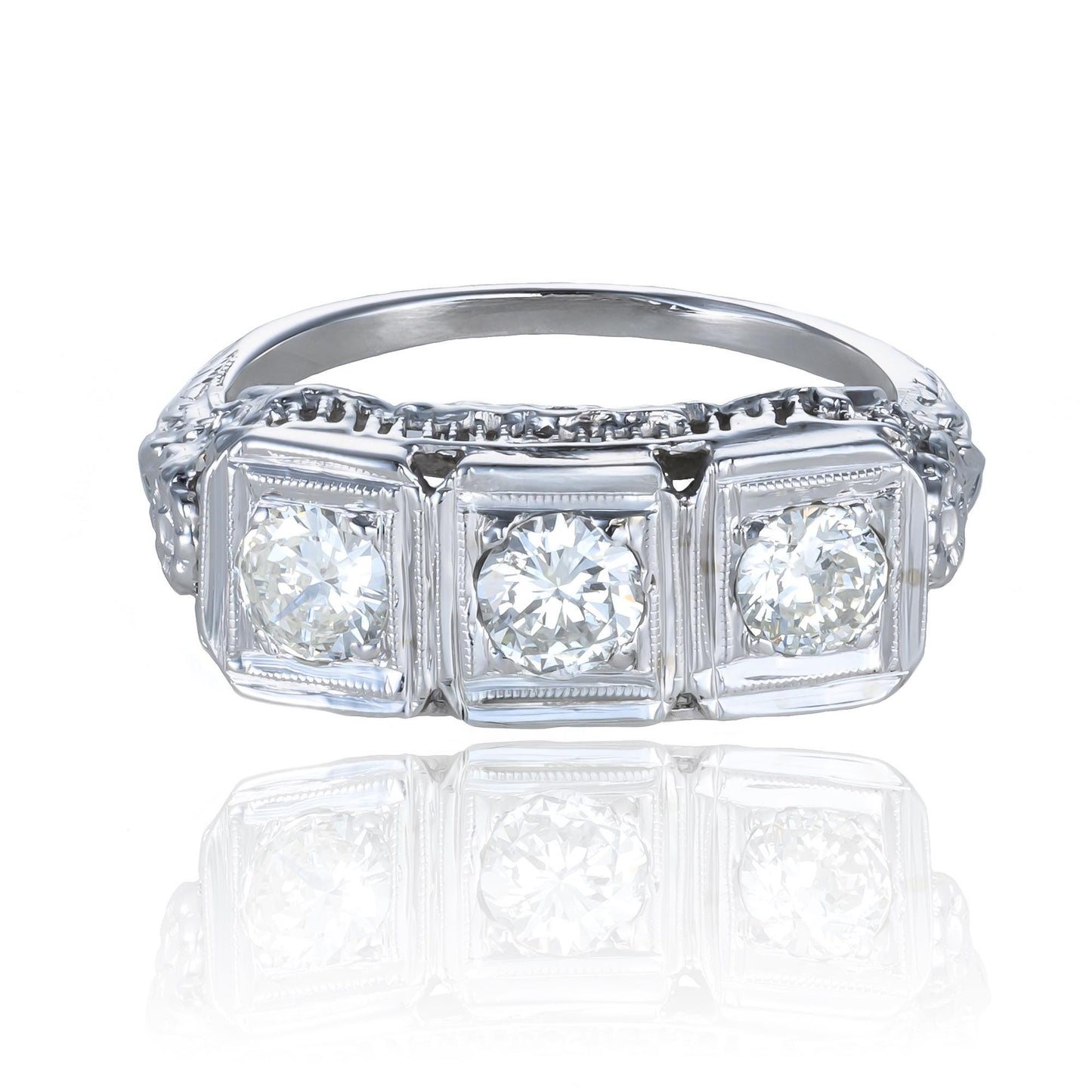 Edwardian Diamond Trilogy Filigree Ring in 14K White Gold