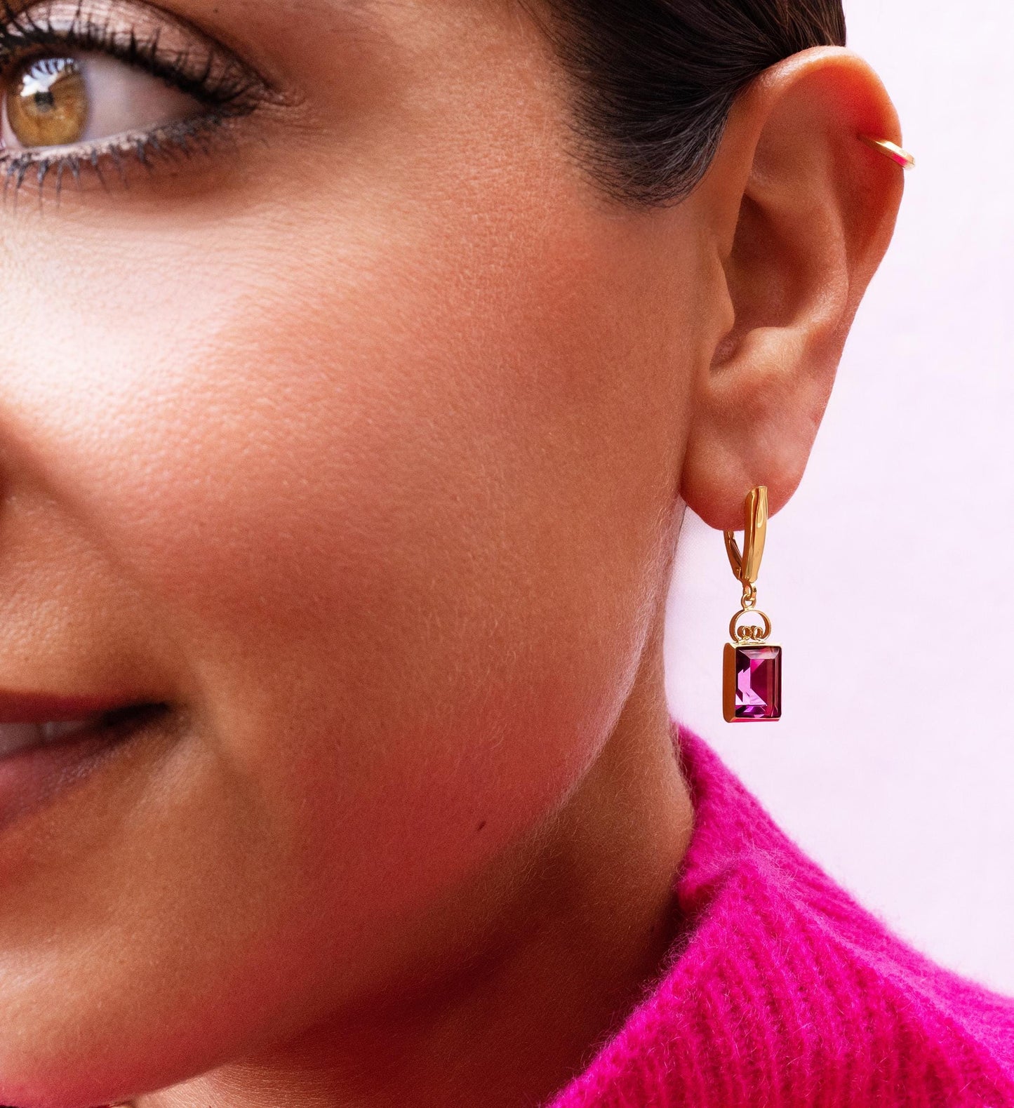Purple Crystal Drop Earrings in 14K Yellow Gold