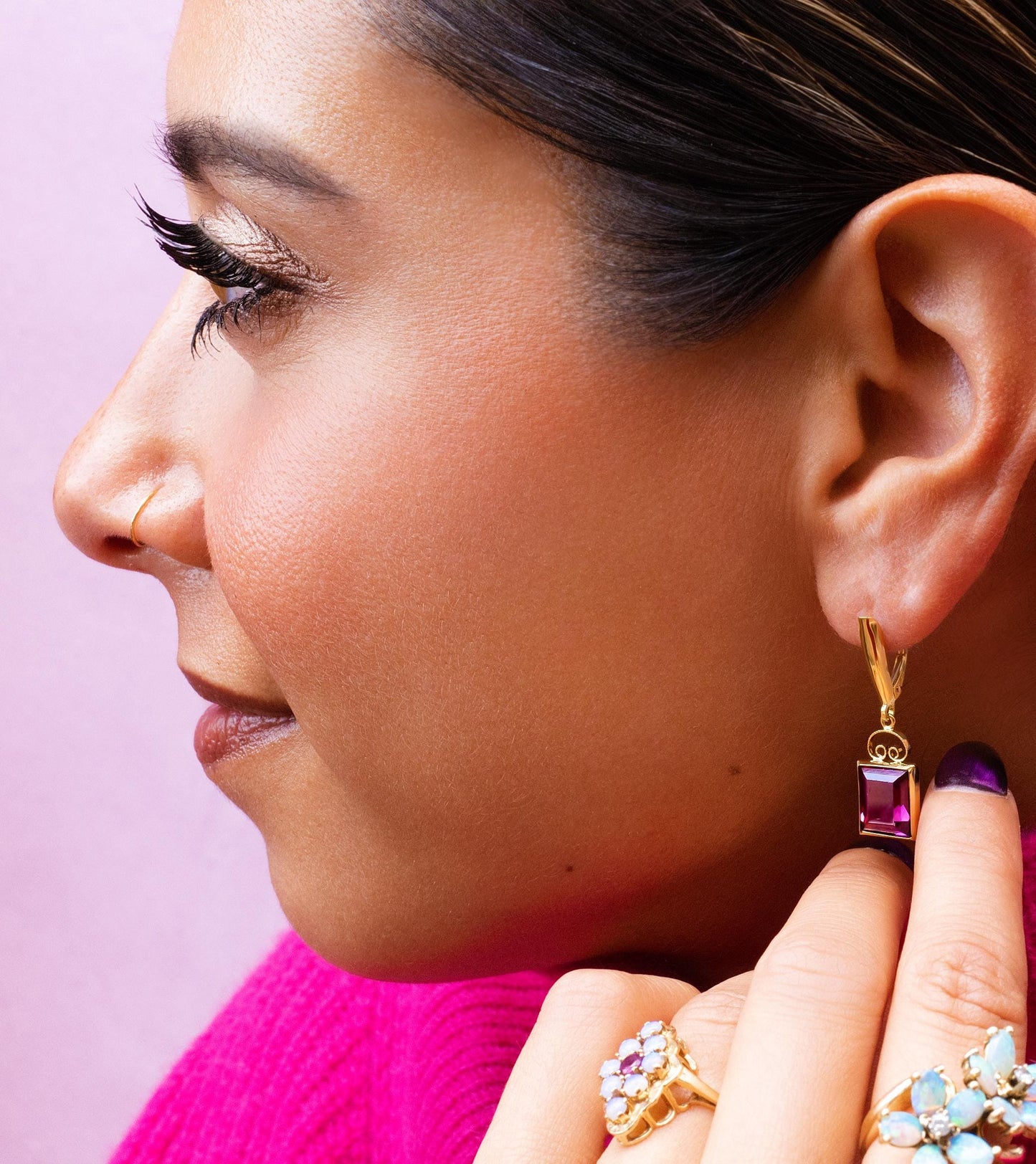 Purple Crystal Drop Earrings in 14K Yellow Gold