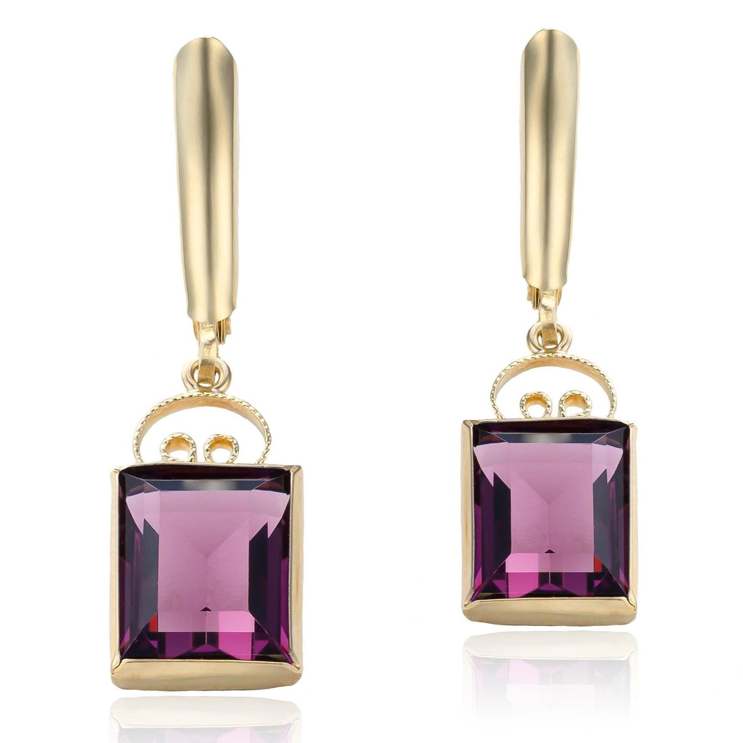 Purple Crystal Drop Earrings in 14K Yellow Gold