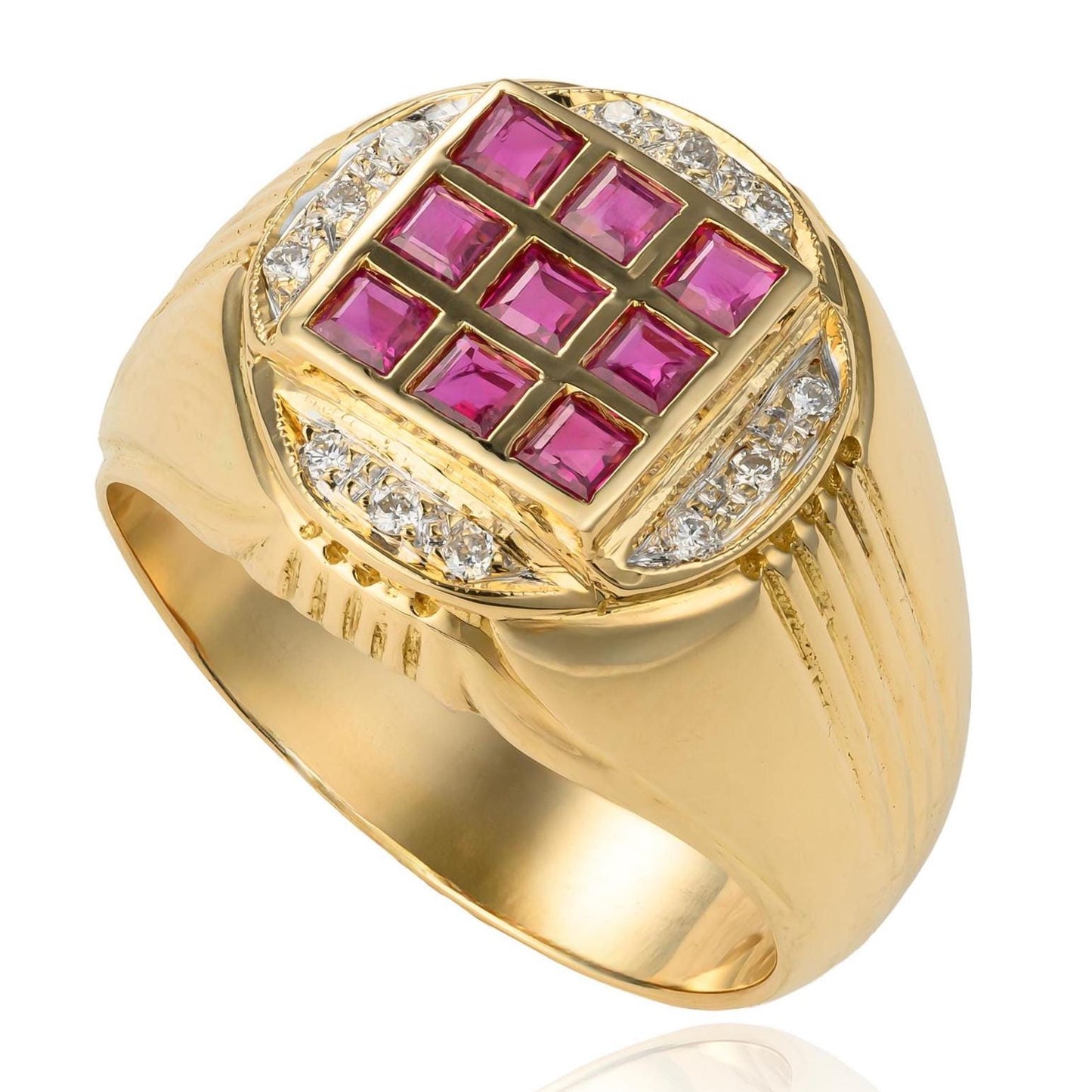 Art Deco Heavy Unisex Diamond Accented Ruby Signet Ring in 18K Yellow Gold