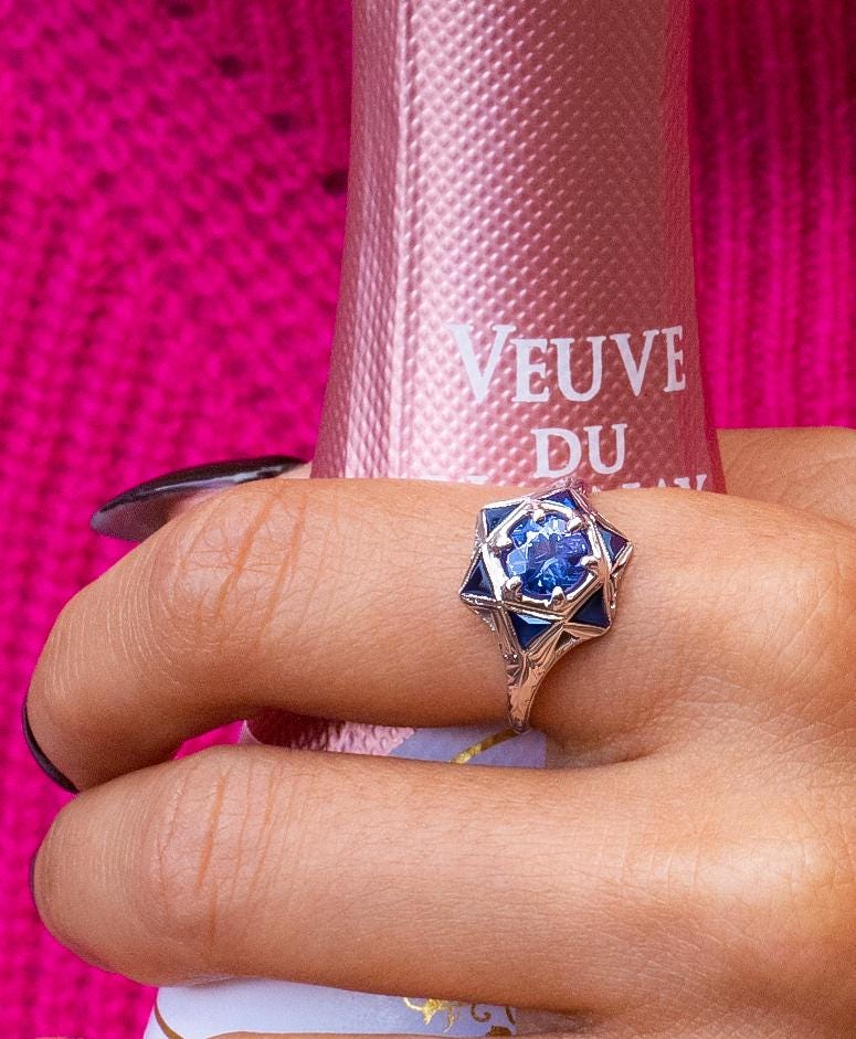 Art Deco Tanzanite & Sapphire Starburst Ring in 18K White Gold