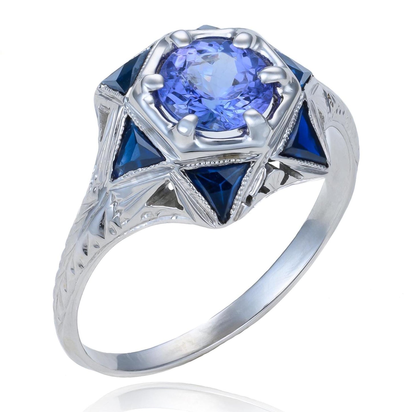 Art Deco Tanzanite & Sapphire Starburst Ring in 18K White Gold