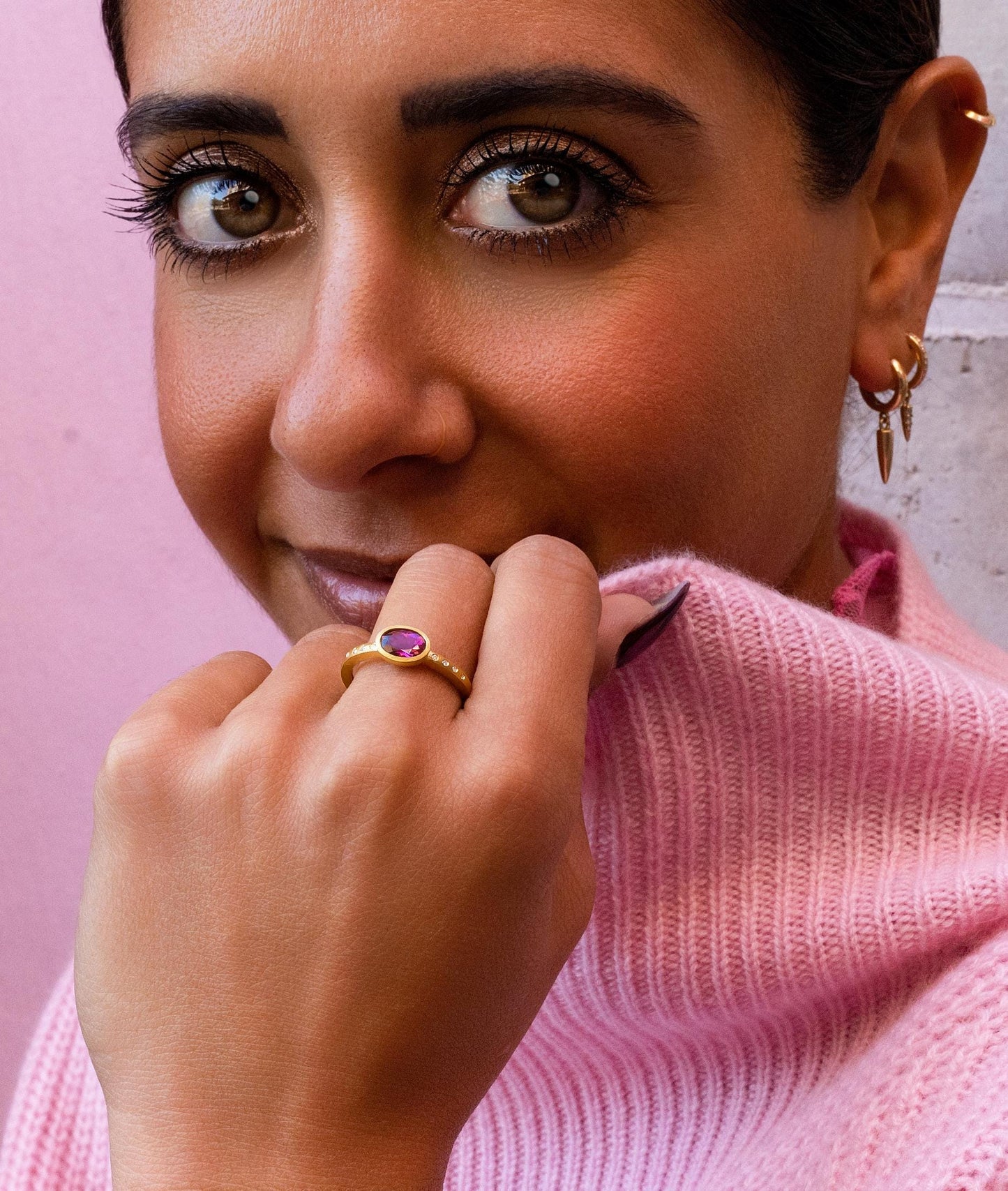 Pink Tourmaline & Diamond East West Bezel Ring in 14K Yellow Gold