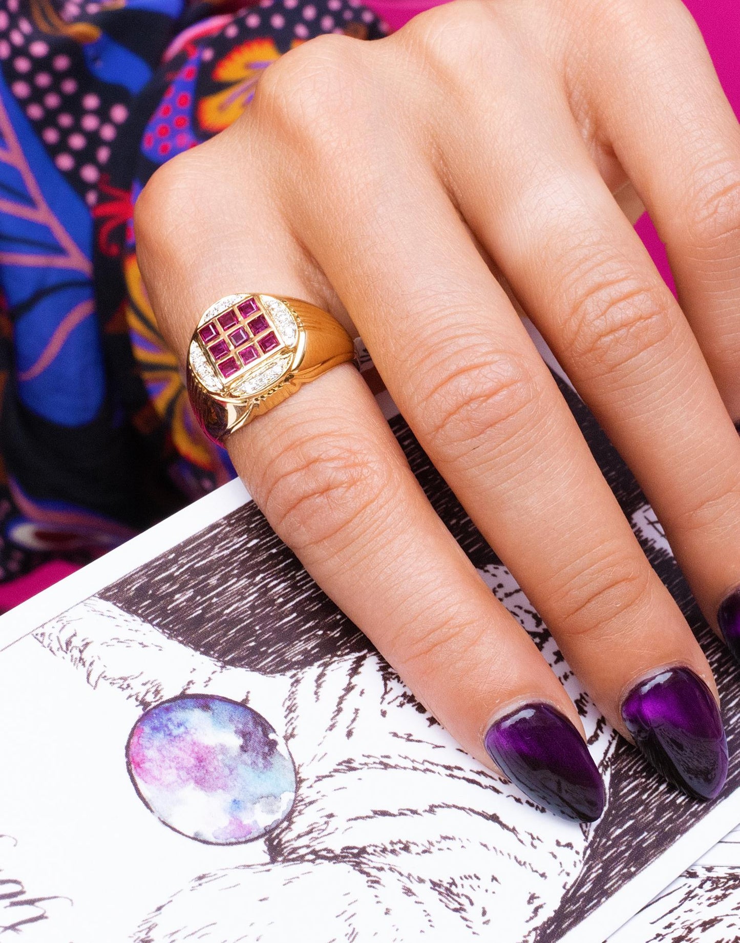 Art Deco Heavy Unisex Diamond Accented Ruby Signet Ring in 18K Yellow Gold