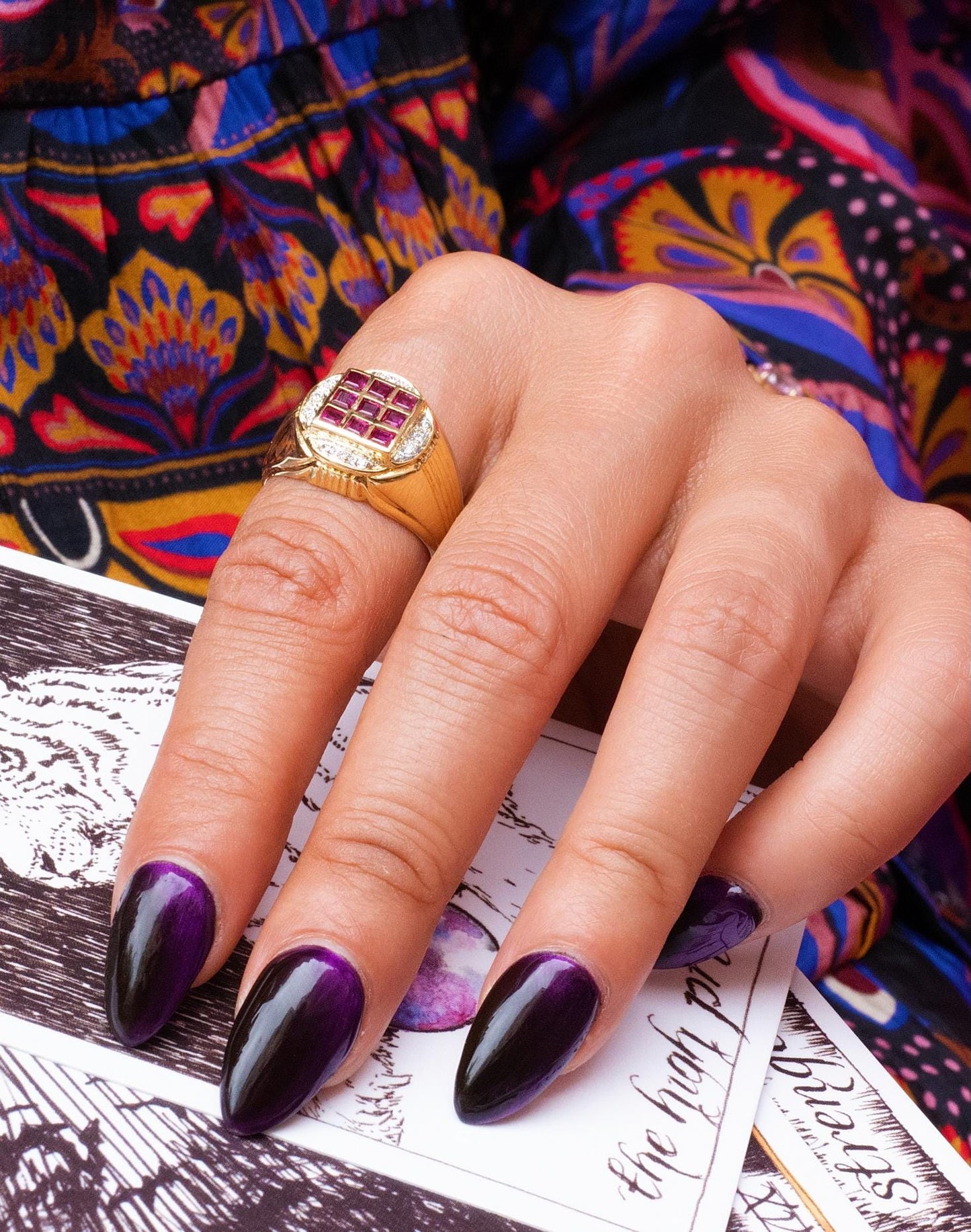 Art Deco Heavy Unisex Diamond Accented Ruby Signet Ring in 18K Yellow Gold