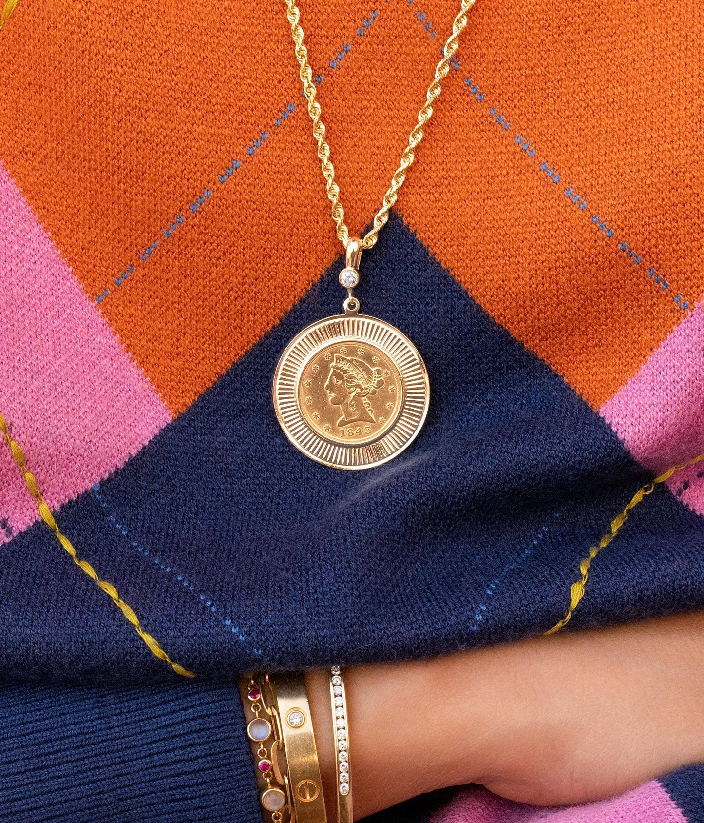 1843 Liberty Old Mine Cut Diamond Coin Pendant in Yellow Gold