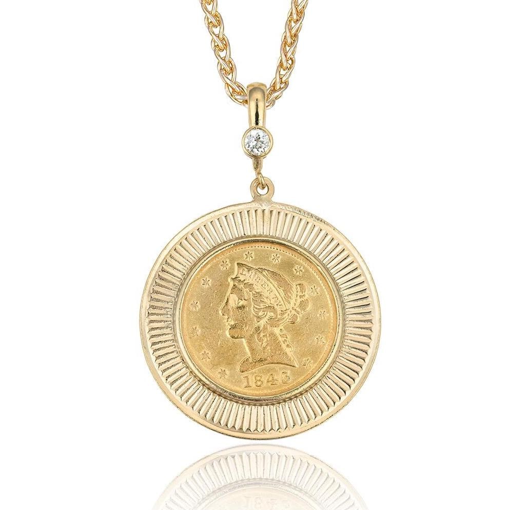 1843 Liberty Old Mine Cut Diamond Coin Pendant in Yellow Gold