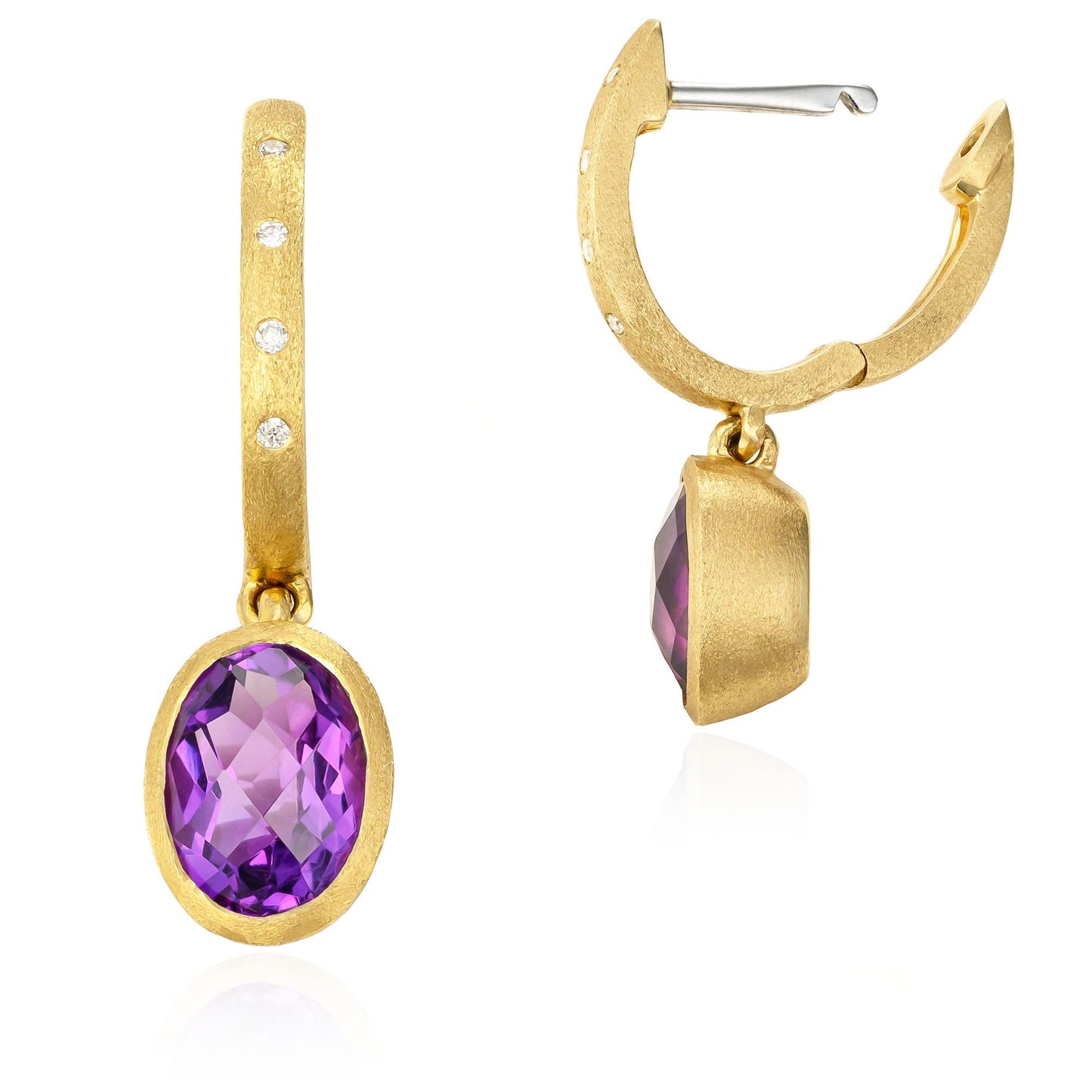 Amethyst & Diamond Dangle Huggie Earrings in 14K Yellow Gold