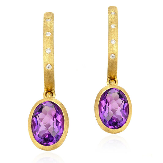 Amethyst & Diamond Dangle Huggie Earrings in 14K Yellow Gold