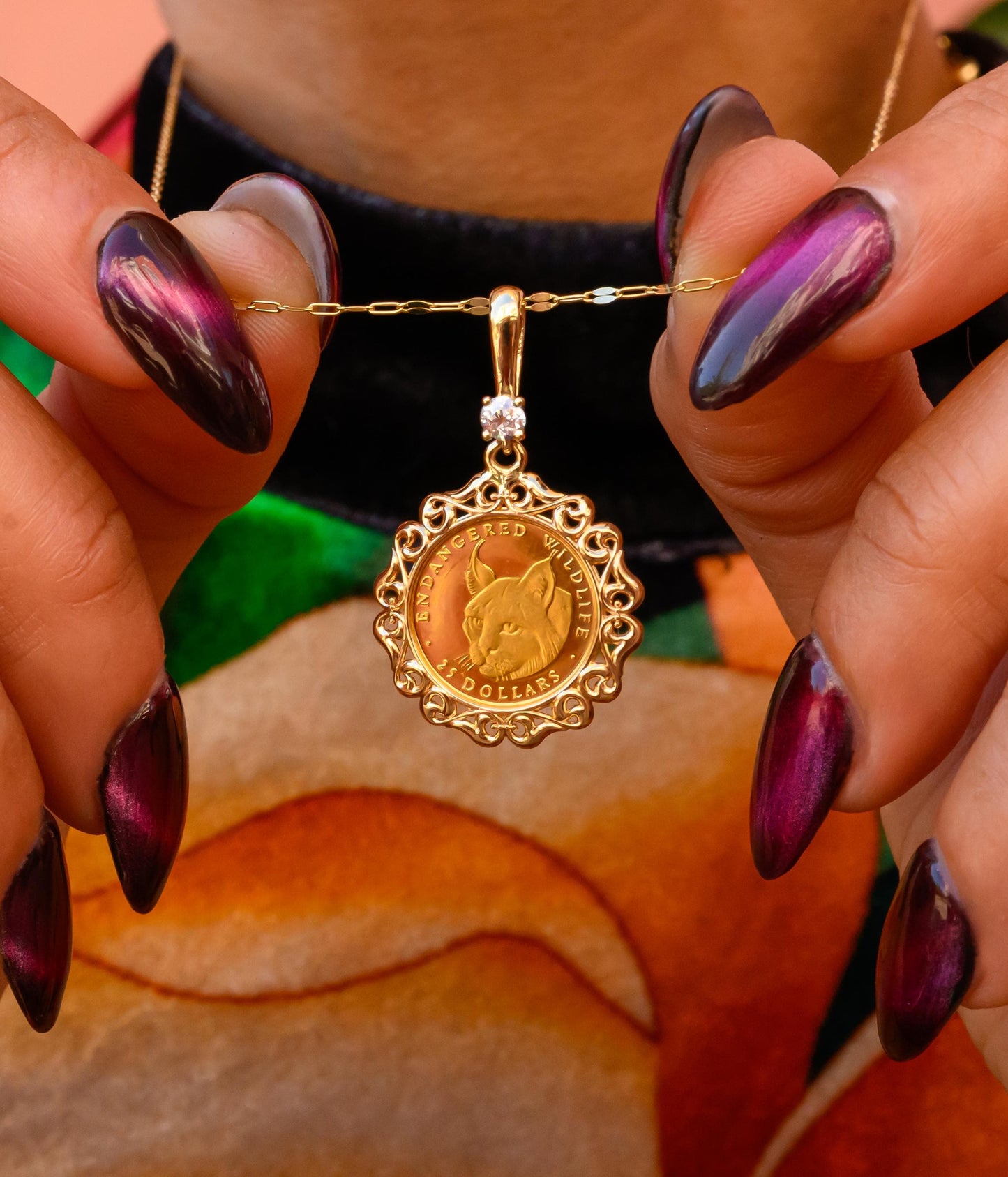 Lynx Cat Old Mine Cut Diamond Coin Pendant in 14K/24K Yellow Gold