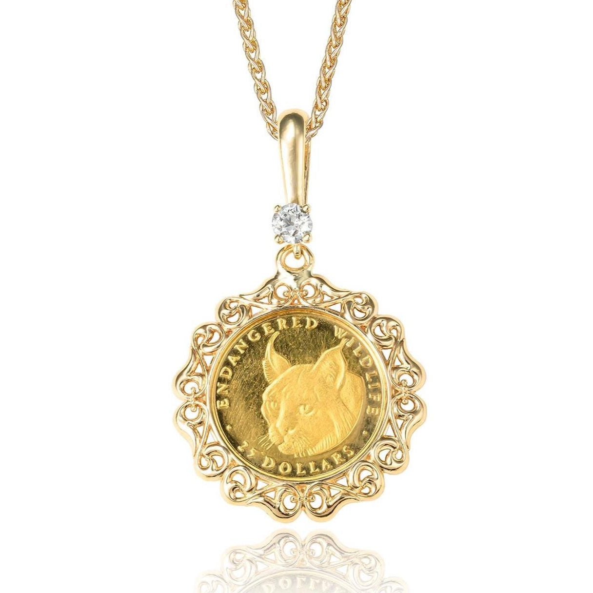 Lynx Cat Old Mine Cut Diamond Coin Pendant in 14K/24K Yellow Gold
