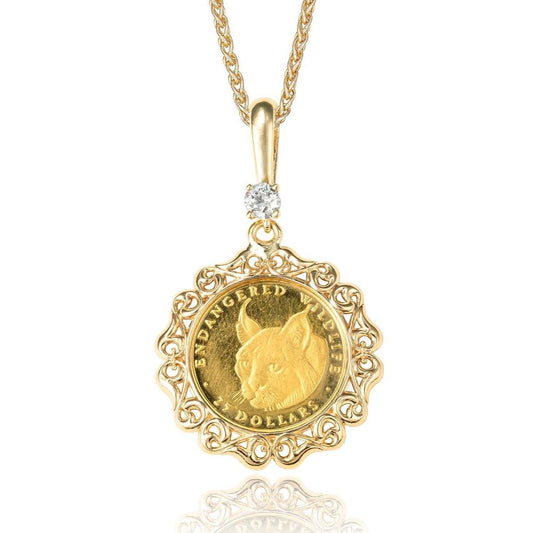 Lynx Cat Old Mine Cut Diamond Coin Pendant in 14K/24K Yellow Gold