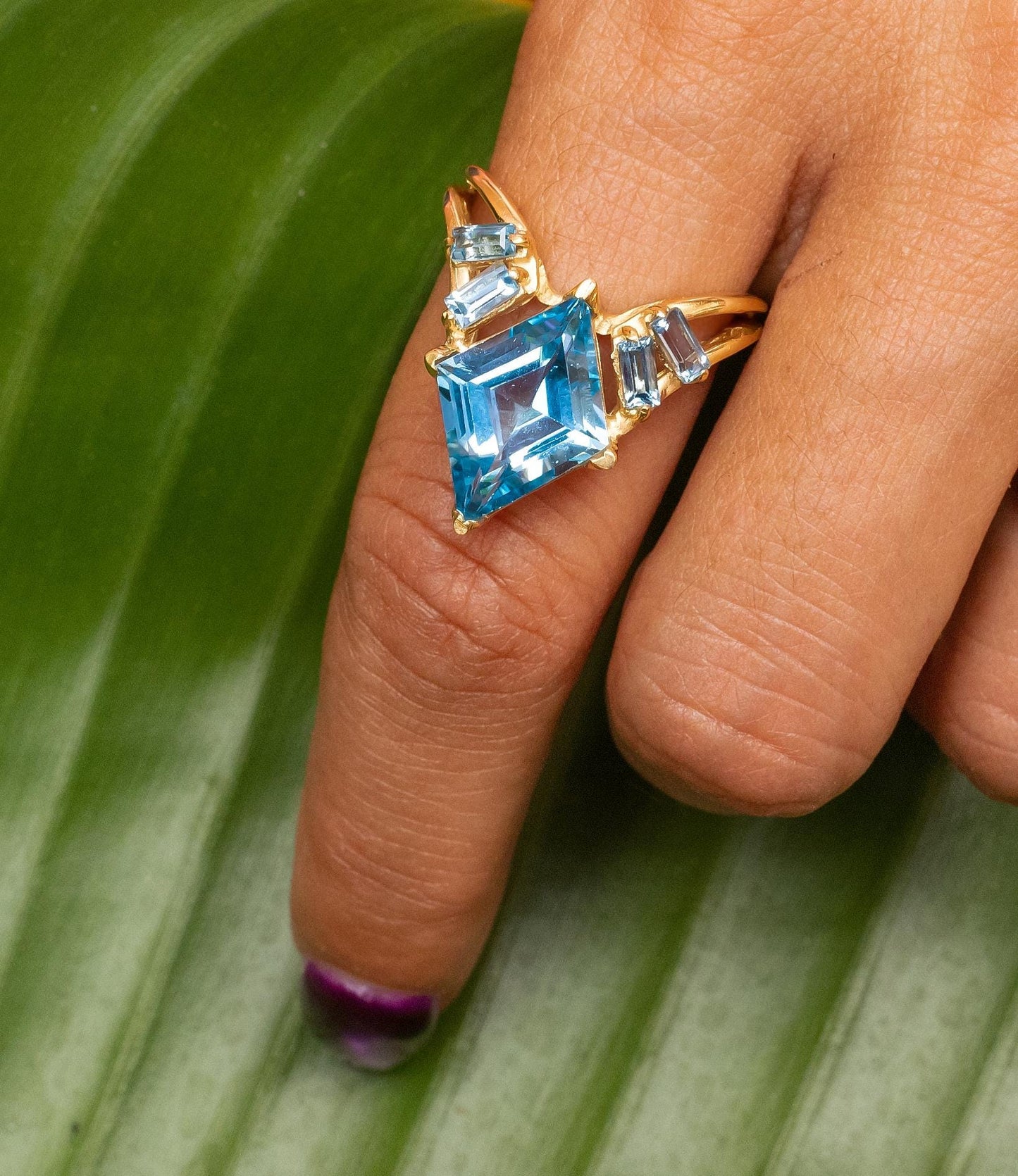 Blue Topaz Chevron Ring in 14K Yellow Gold