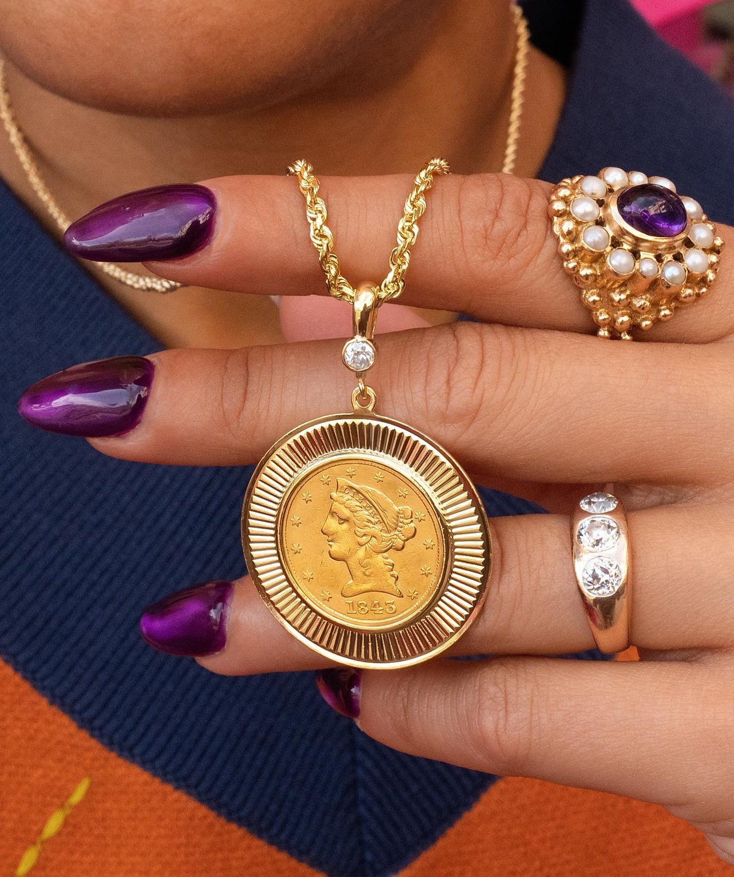 1843 Liberty Old Mine Cut Diamond Coin Pendant in Yellow Gold