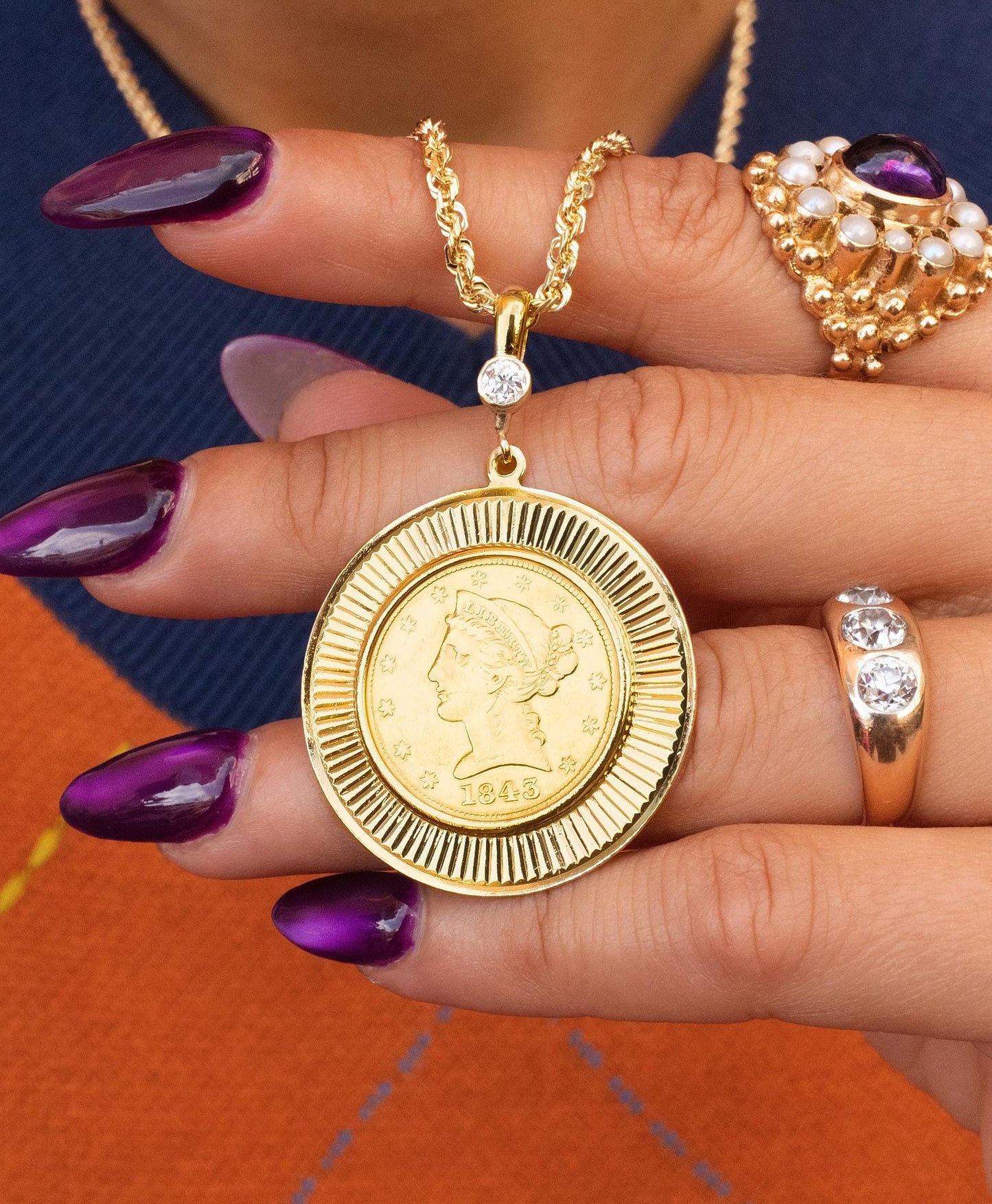 1843 Liberty Old Mine Cut Diamond Coin Pendant in Yellow Gold