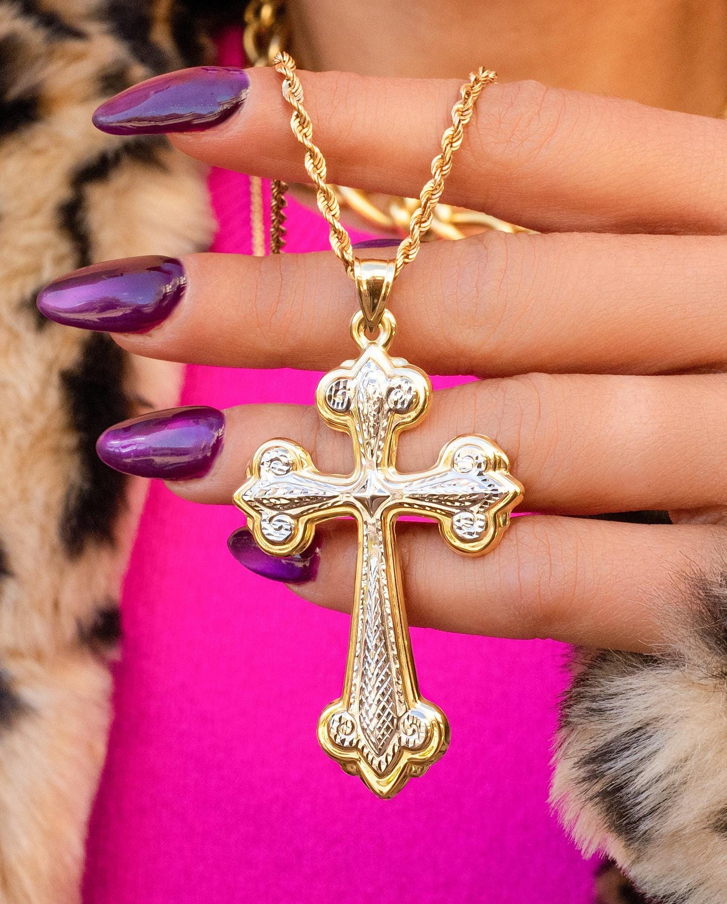 Ornate Serenity Prayer Cross Pendant in 14K Gold
