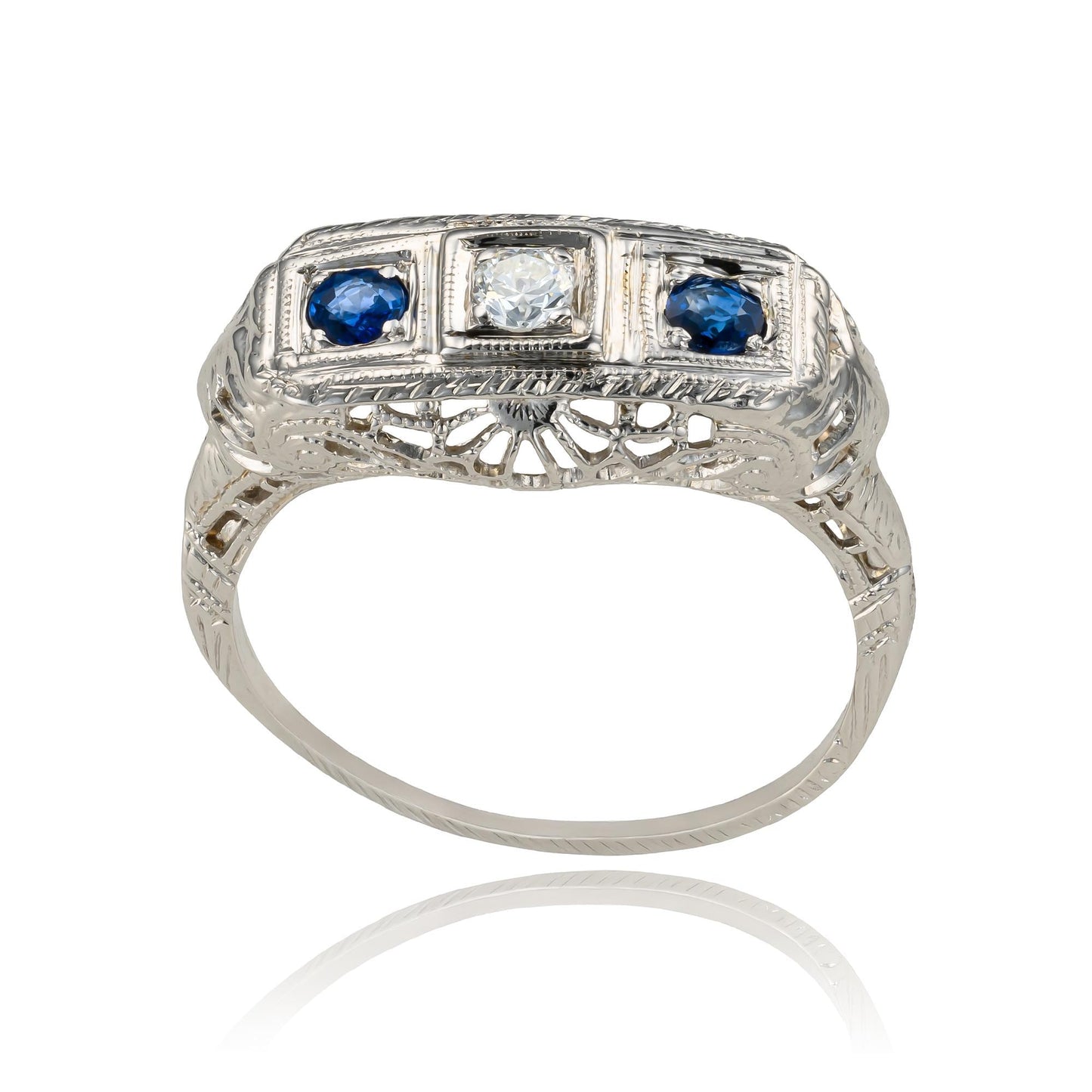 Art Deco Sapphire & Diamond Filigree Trilogy Ring in 14K White Gold
