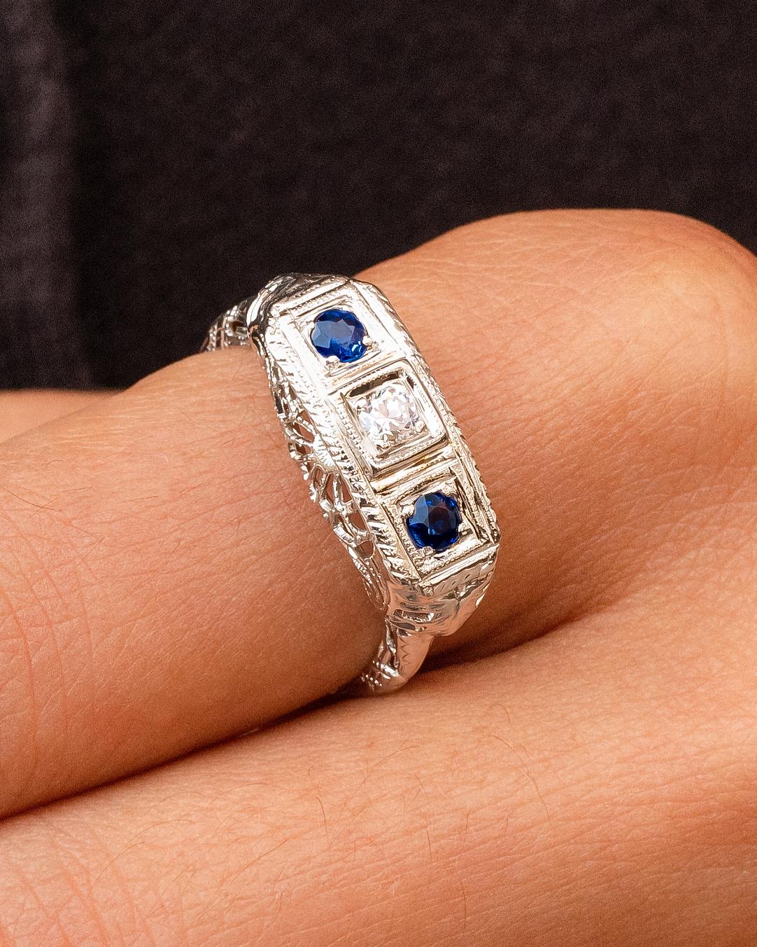 Art Deco Sapphire & Diamond Filigree Trilogy Ring in 14K White Gold
