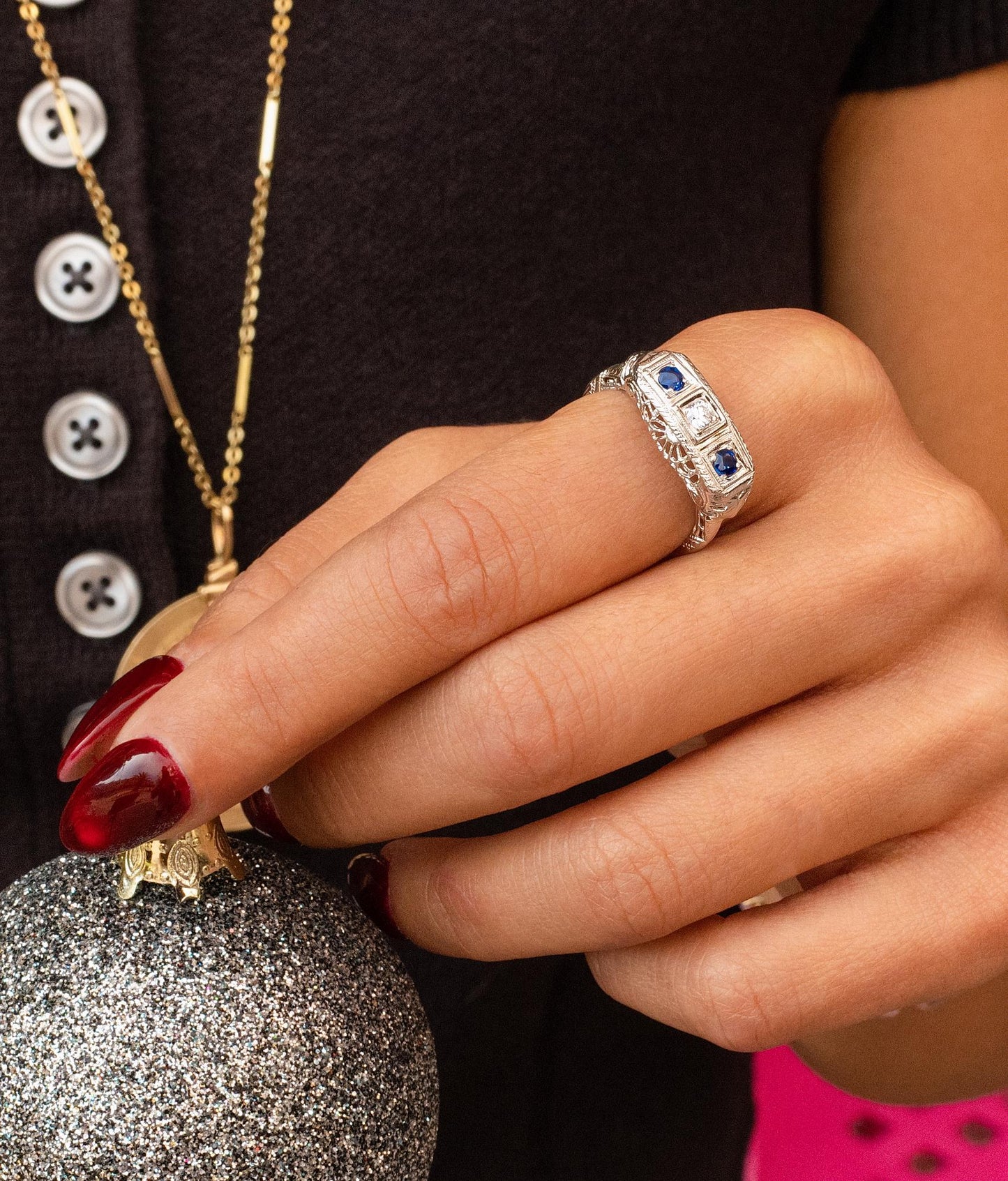 Art Deco Sapphire & Diamond Filigree Trilogy Ring in 14K White Gold