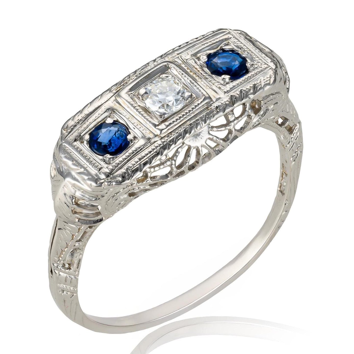 Art Deco Sapphire & Diamond Filigree Trilogy Ring in 14K White Gold