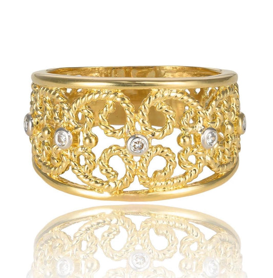 Filigree Wide Band with Diamond Accents in 14K Yellow Gold