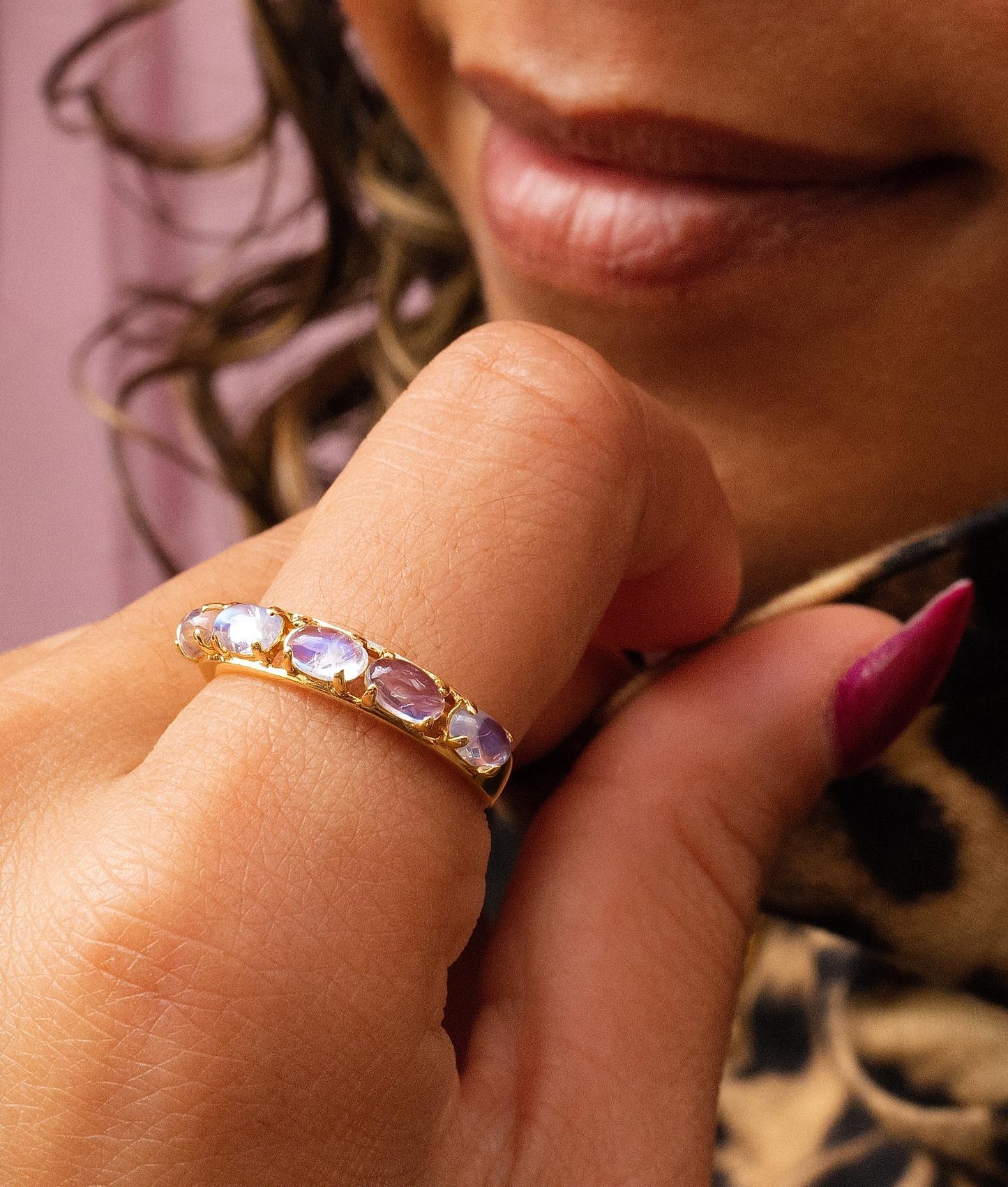 Rainbow Moonstone Band in 14K Yellow Gold