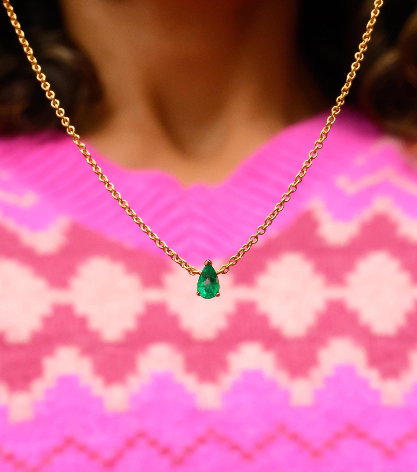 Dainty Pear Shaped Emerald Necklace in 14K Yellow Gold