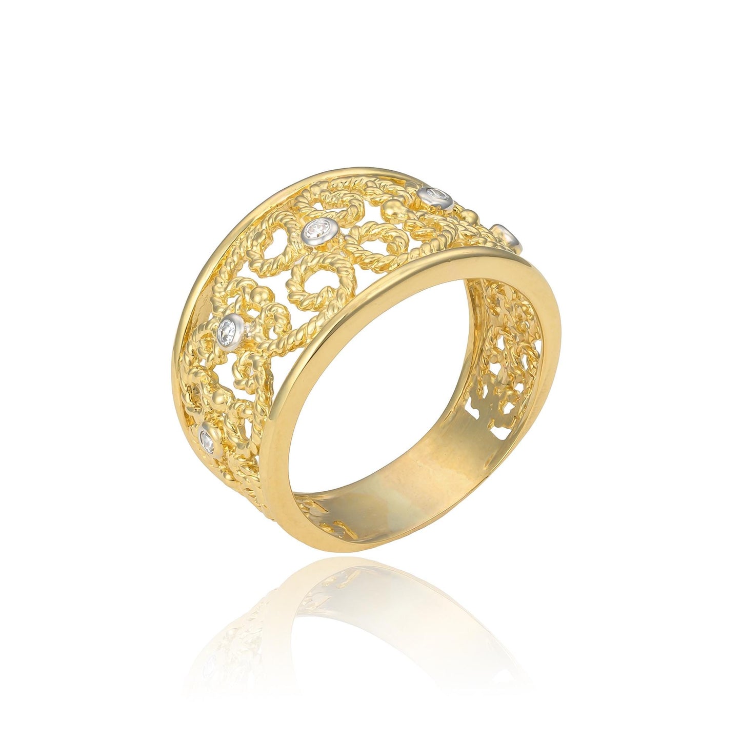 Filigree Wide Band with Diamond Accents in 14K Yellow Gold