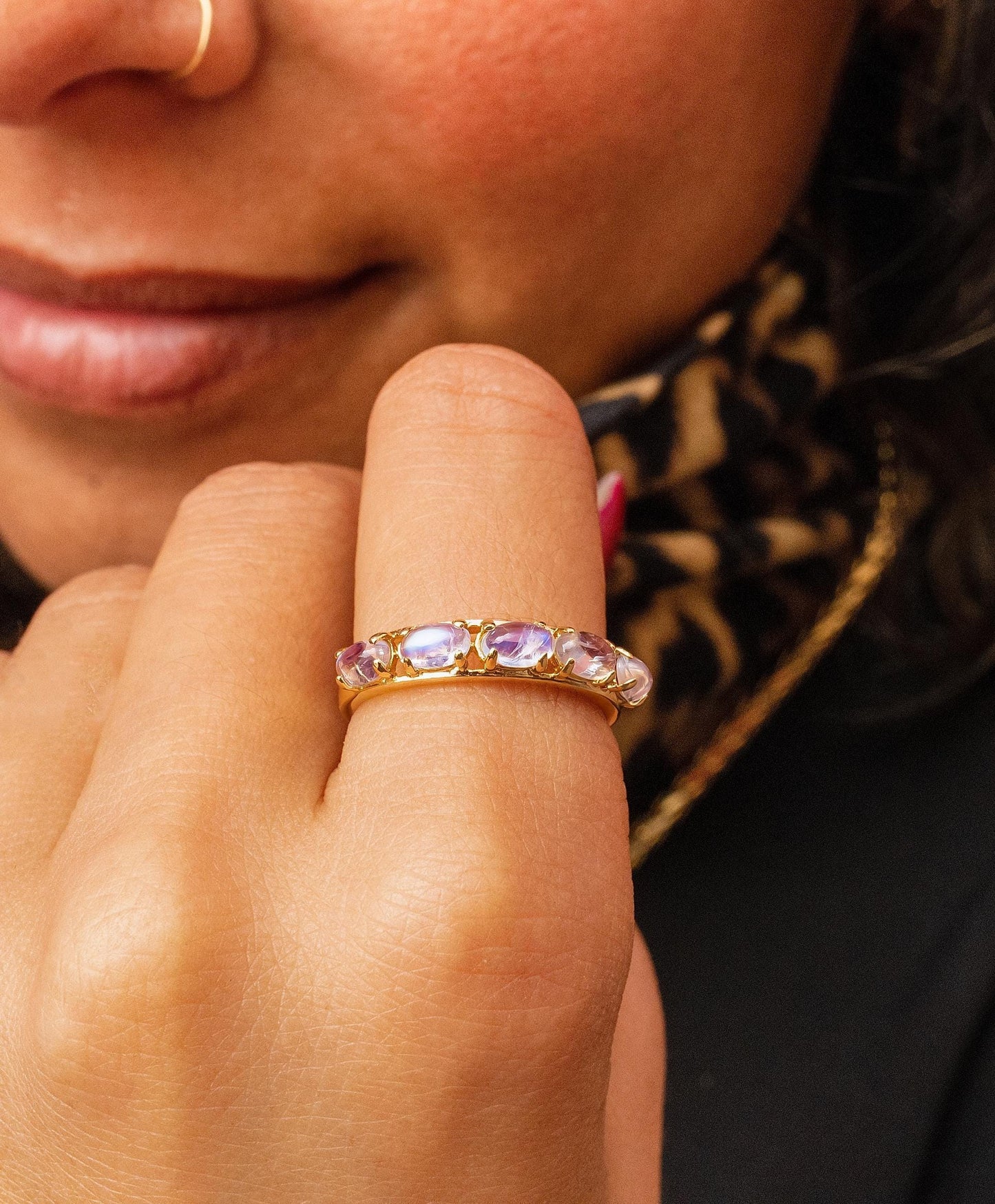 Rainbow Moonstone Band in 14K Yellow Gold