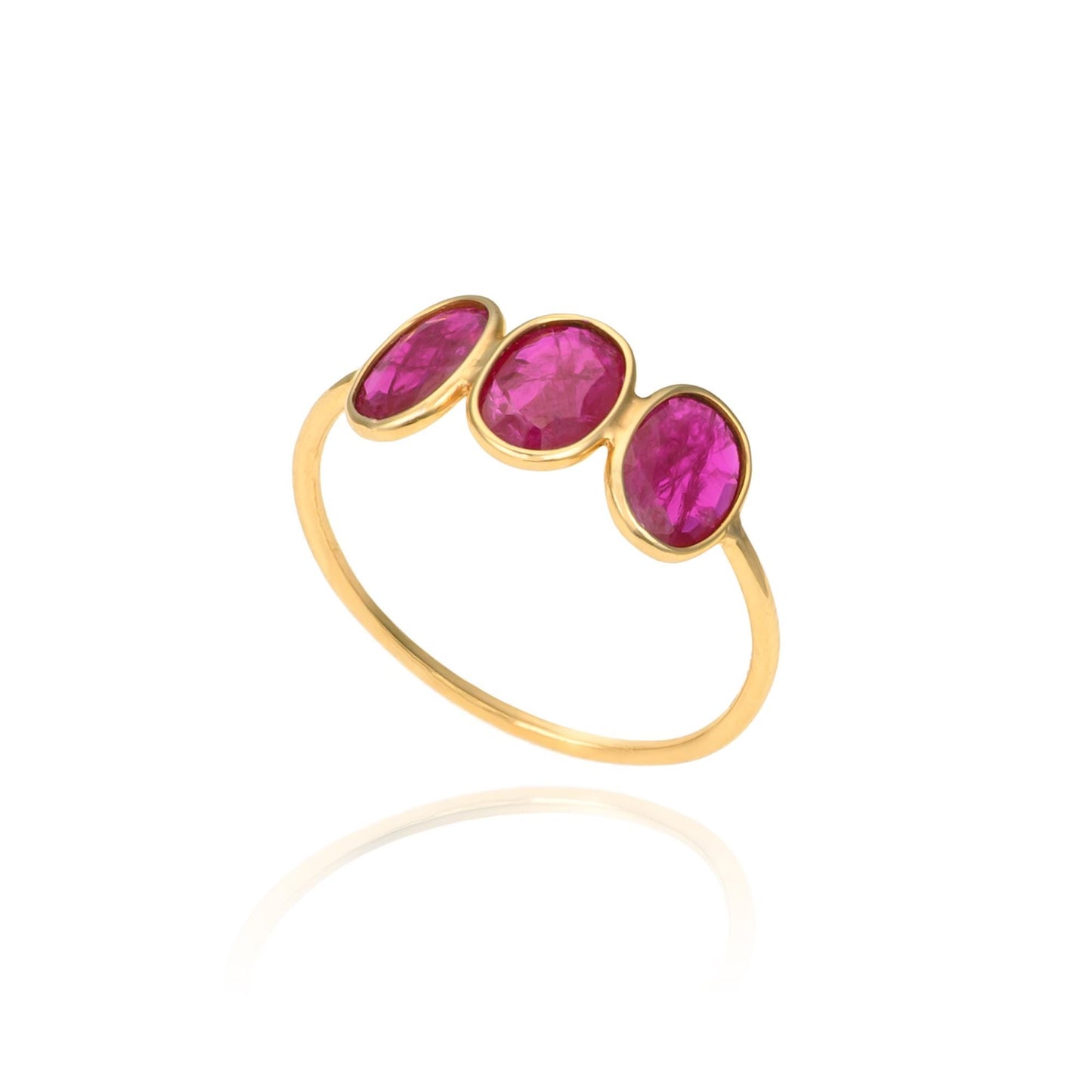 Three Stone Ruby Bezel Ring in 18K Yellow Gold