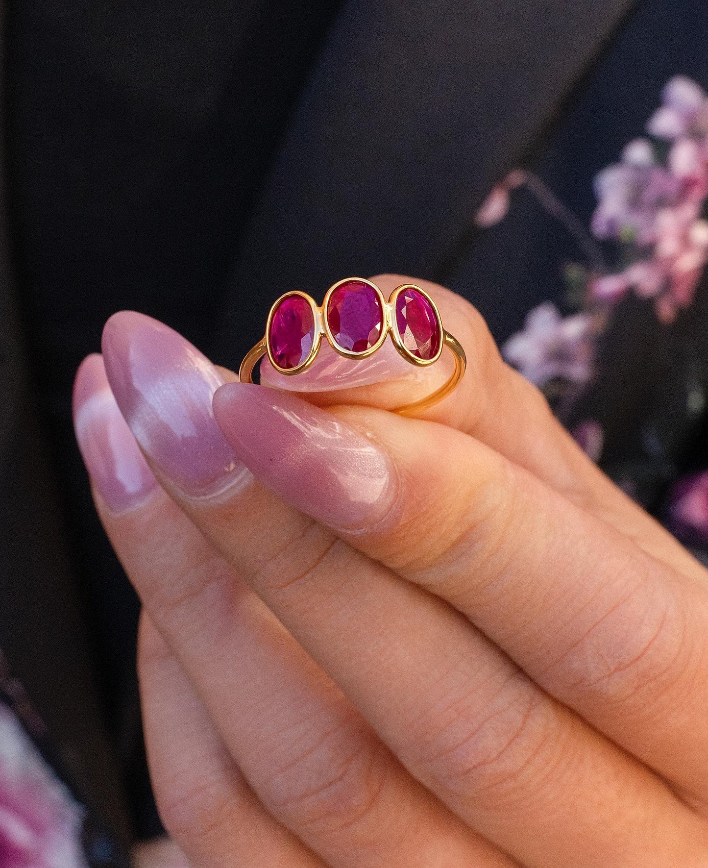 Three Stone Ruby Bezel Ring in 18K Yellow Gold