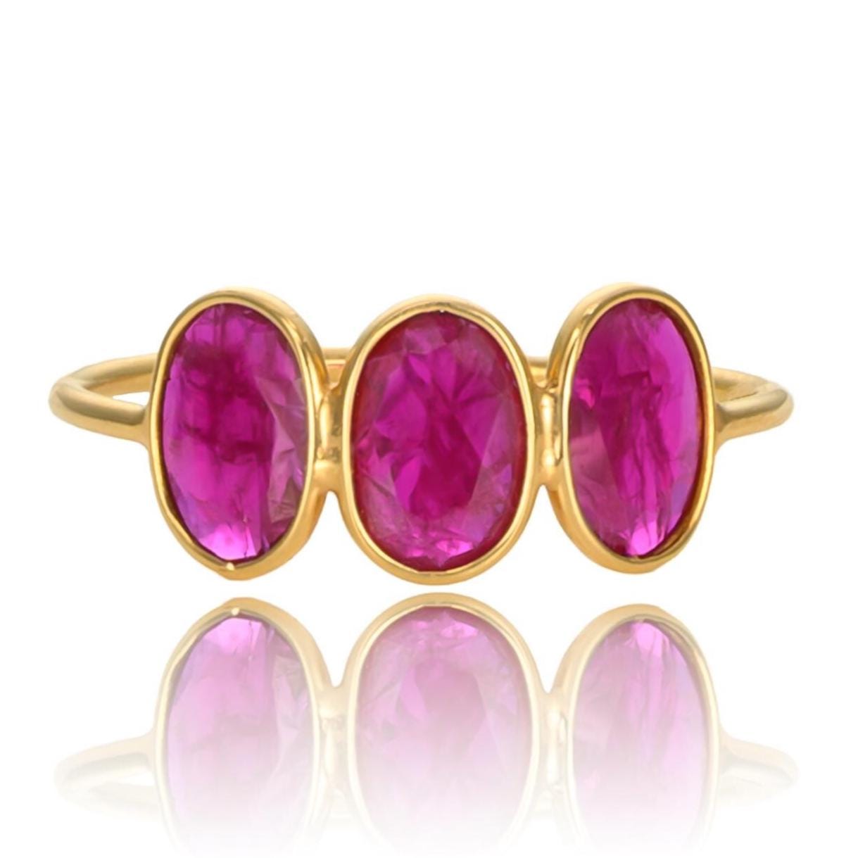 Three Stone Ruby Bezel Ring in 18K Yellow Gold