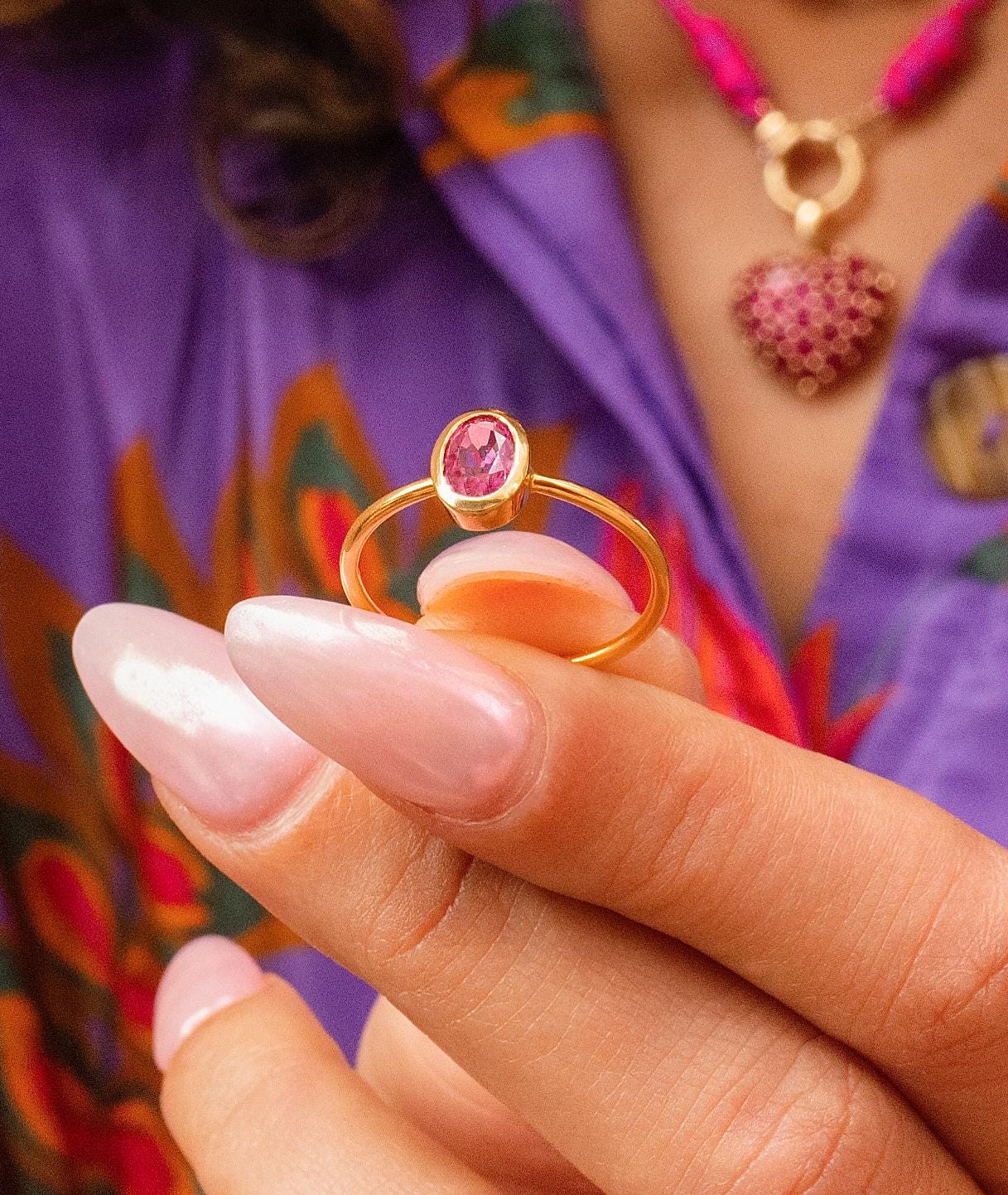 Pink Sapphire Dainty Bezel Ring in 18K Yellow Gold