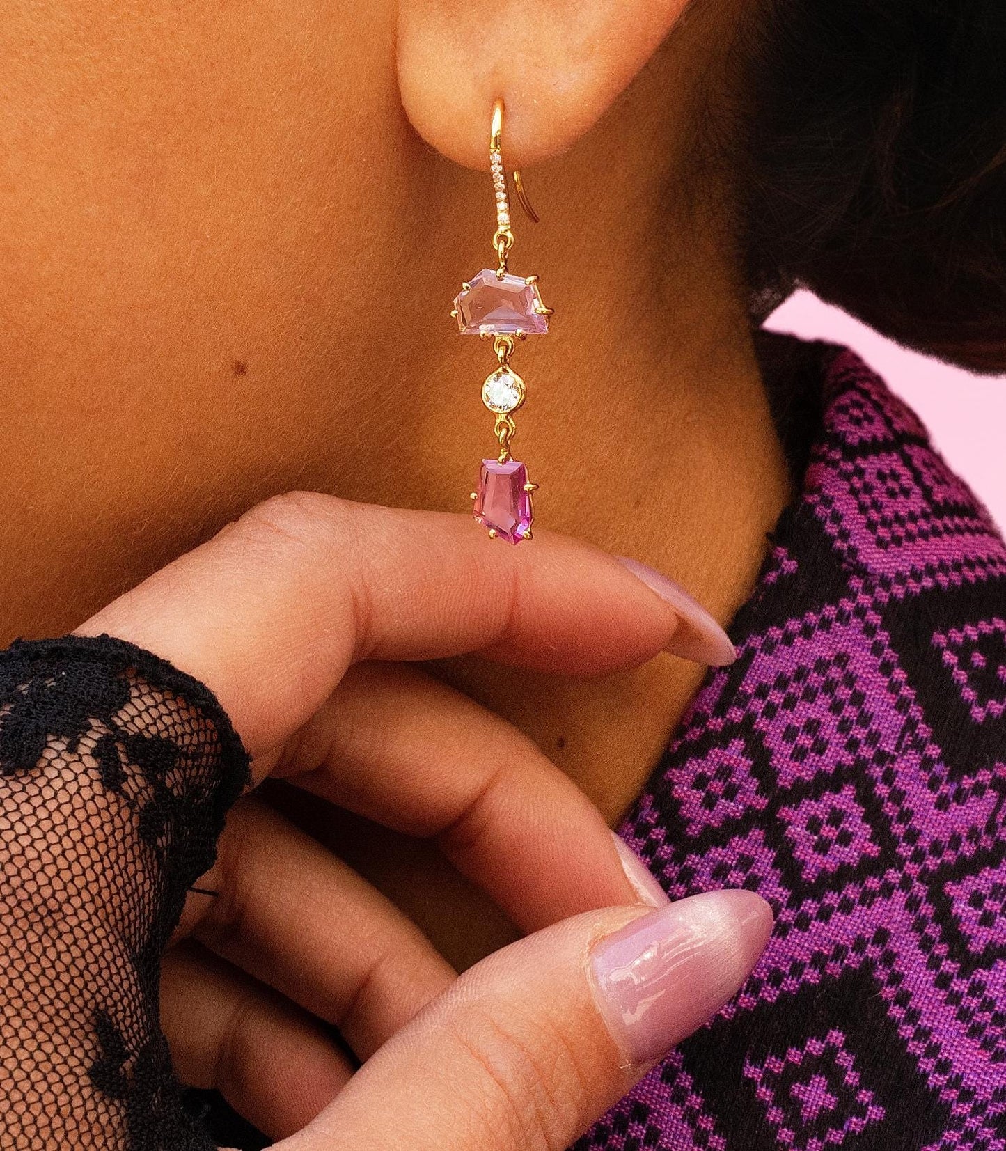 Freeform Pink Sapphire & Diamond Earrings in 18K Yellow Gold