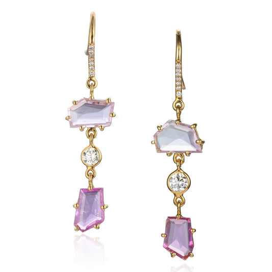 Freeform Pink Sapphire & Diamond Earrings in 18K Yellow Gold