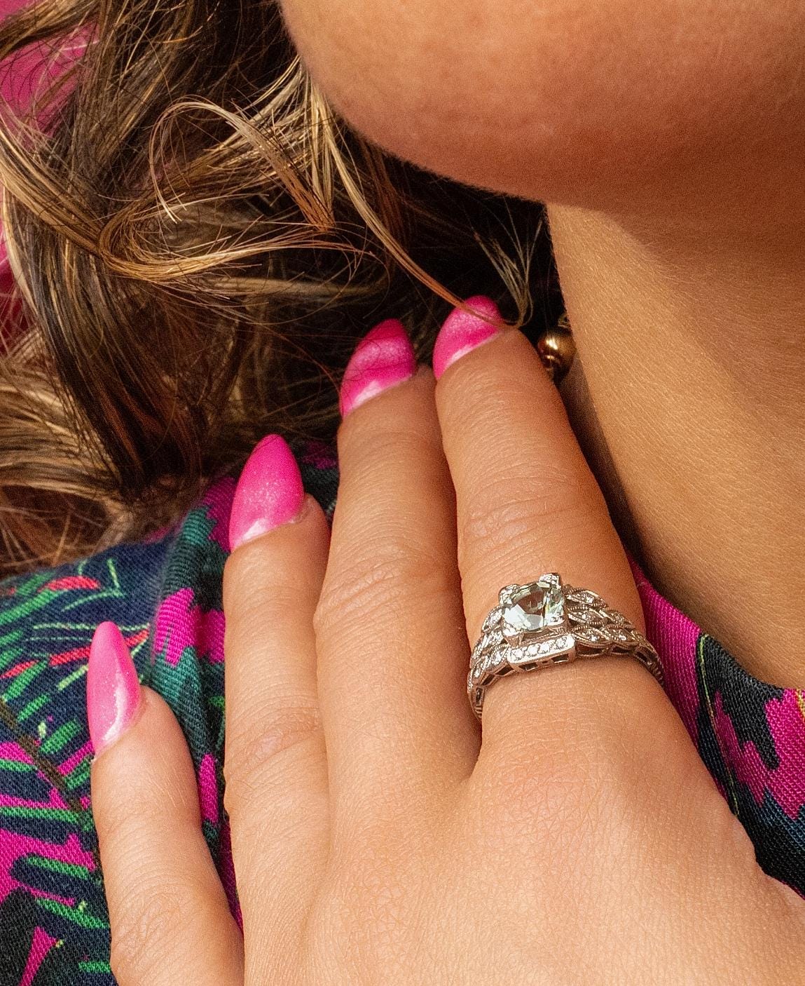 VINTAGE Green Amethyst Diamond Ring in Platinum