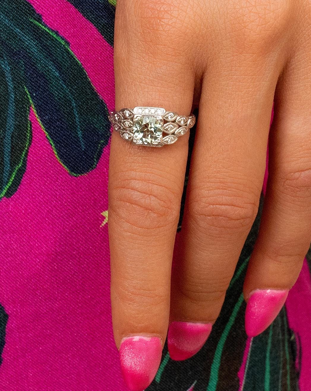 VINTAGE Green Amethyst Diamond Ring in Platinum