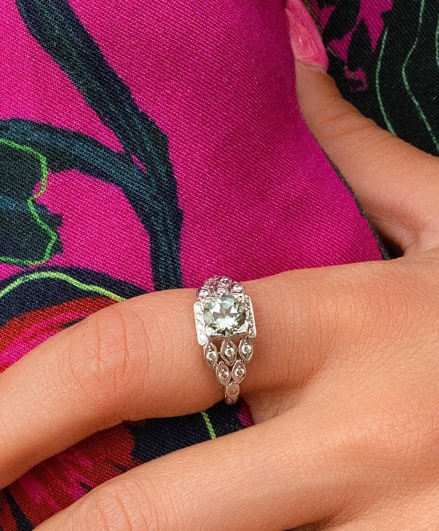 VINTAGE Green Amethyst Diamond Ring in Platinum